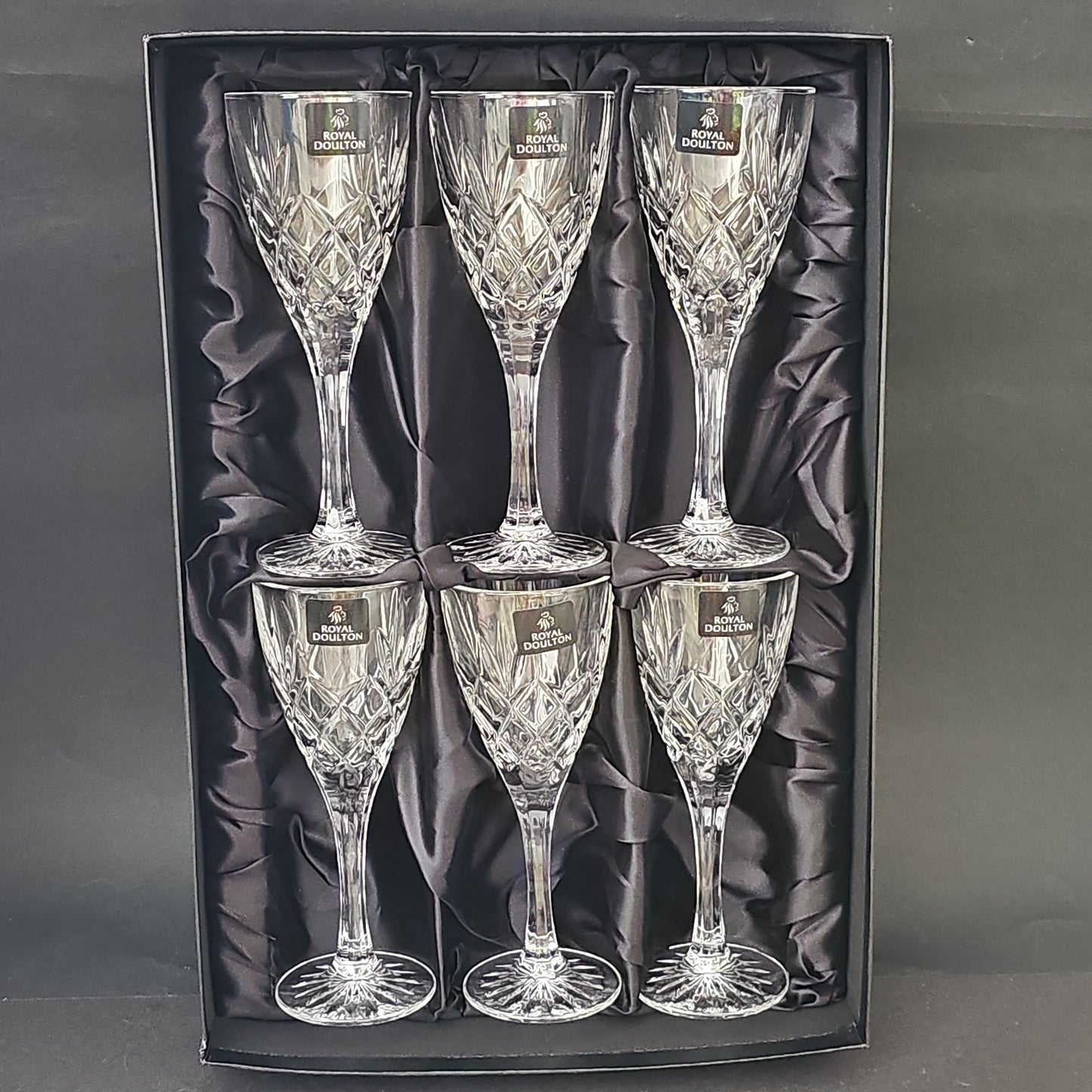 Royal Doulton Canterbury Pattern wine glasses, set of 6 Boxed. 175ml