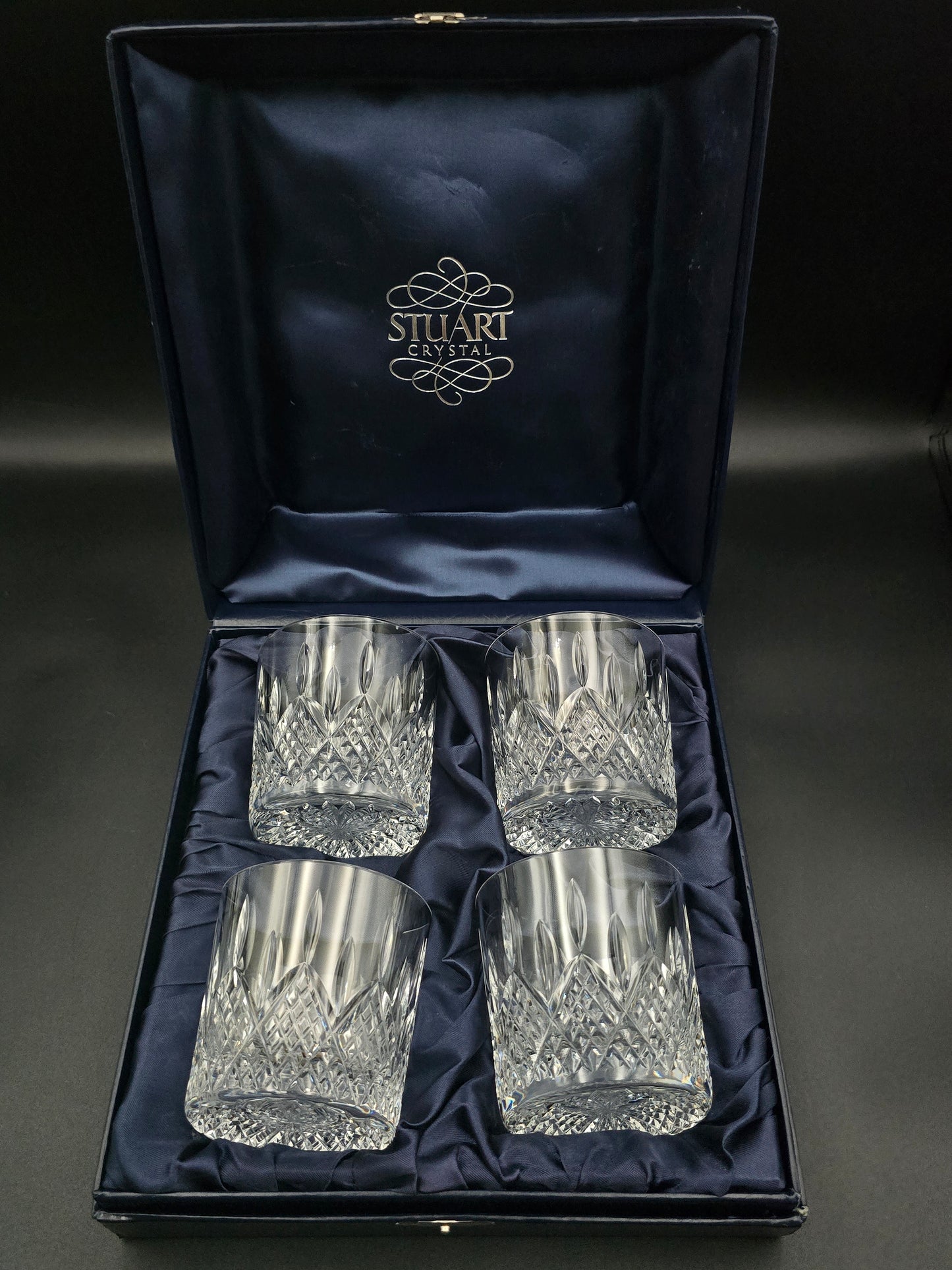 Boxed Set of 4 Stuart Crystal Hamilton Pattern Tumblers – 8 oz Heavy-Base Cut Crystal – England c. 1930s–50s