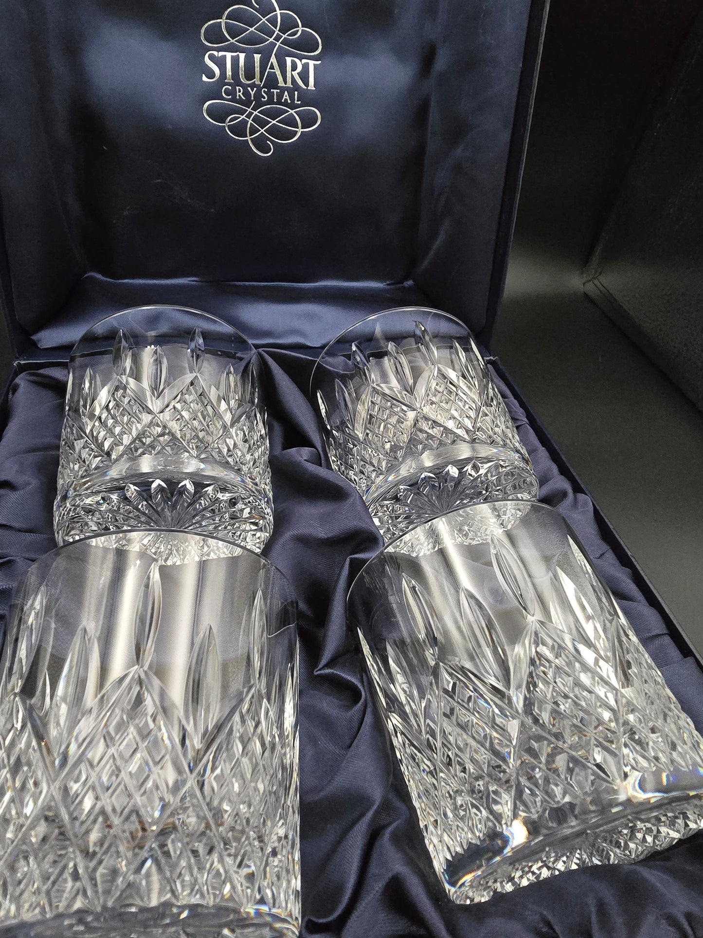 Boxed Set of 4 Stuart Crystal Hamilton Pattern Tumblers – 8 oz Heavy-Base Cut Crystal – England c. 1930s–50s