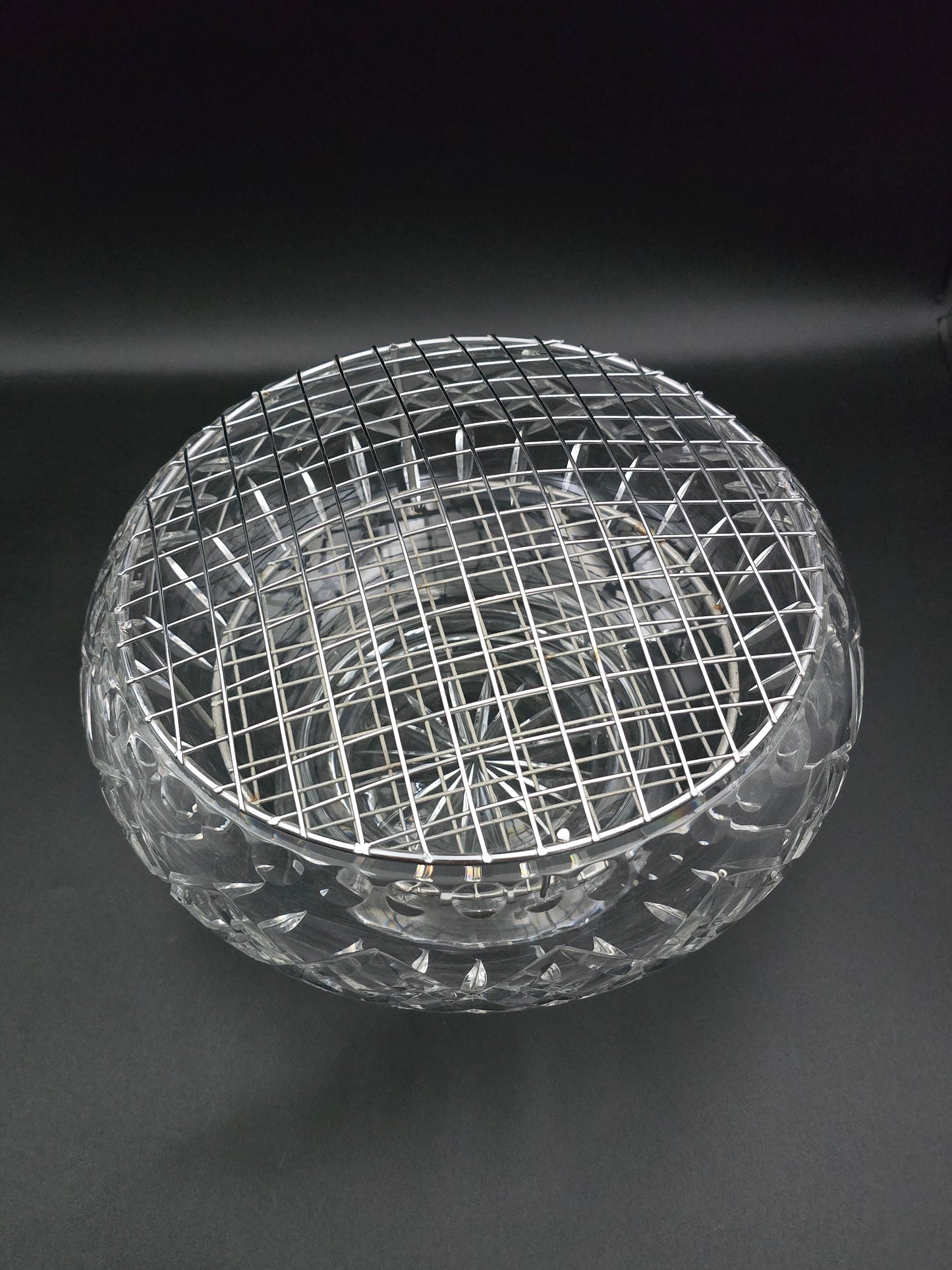 XL Hand-Cut Crystal Rose Bowl with Mesh Frog | 3kg 15.5cm Tall x 24cm Wide | Vintage Star Base Posy Vase | Cut Cross & Fan Pattern