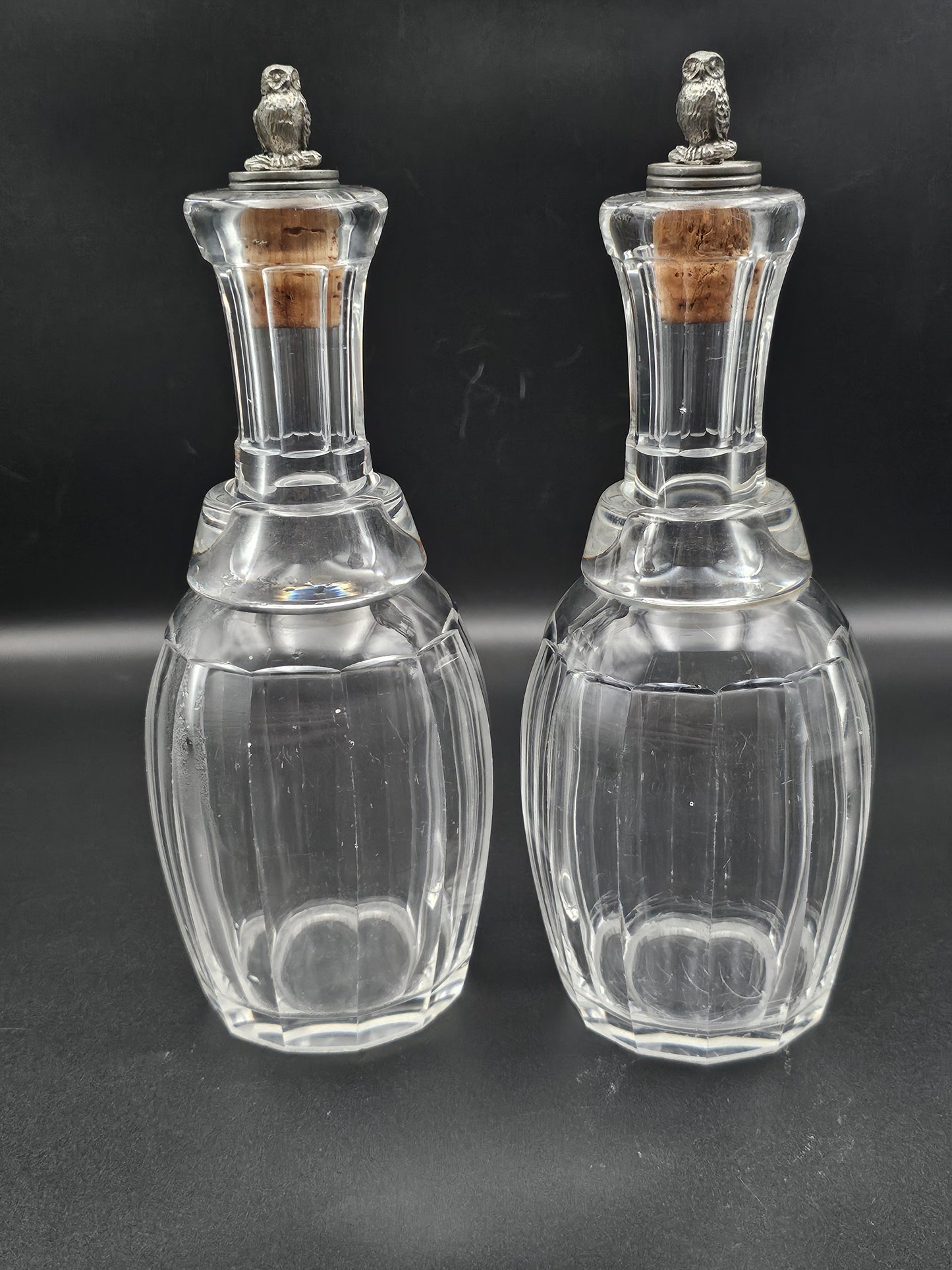 Pair of Small Vintage Decanters with Owl stoppers. 375ml. 20cm tall