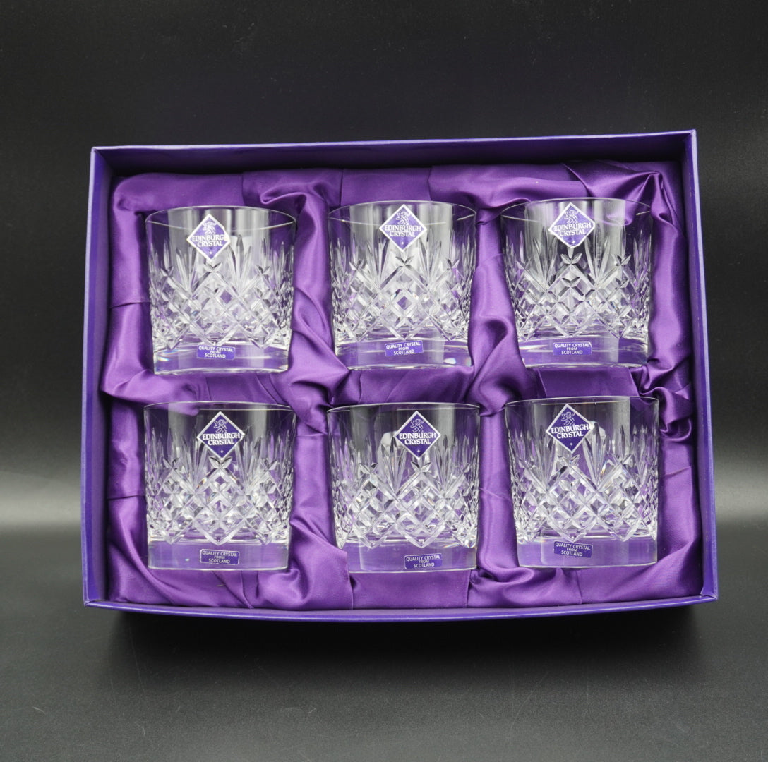 Set of 6 Edinburgh Crystal Lomond 9oz Tumblers | Cut Glass Whisky Glasses in Original Satin Box | Vintage Barware Made in Scotland