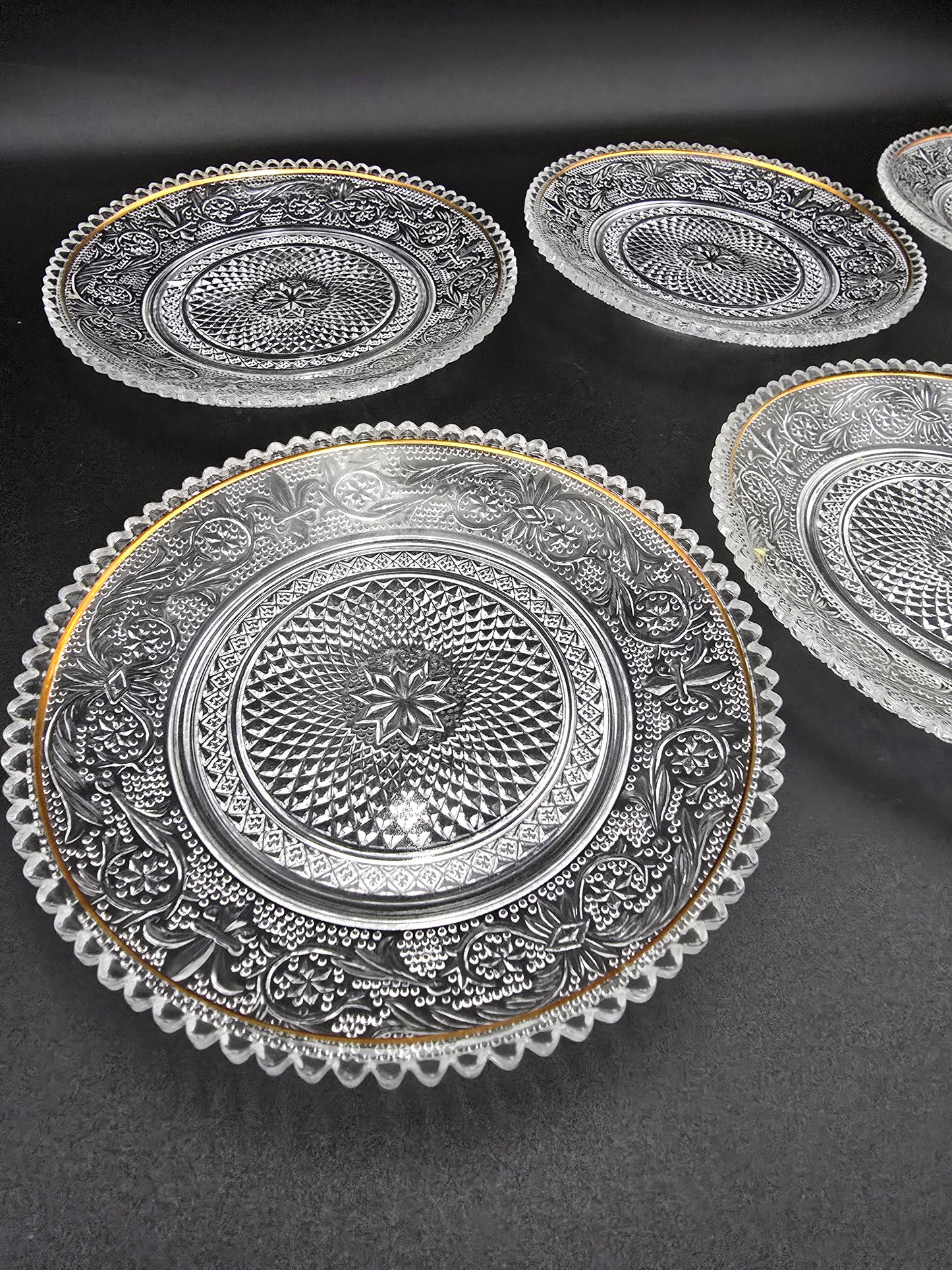 Set of 6 Vintage Pressed glass side plates. 15cm