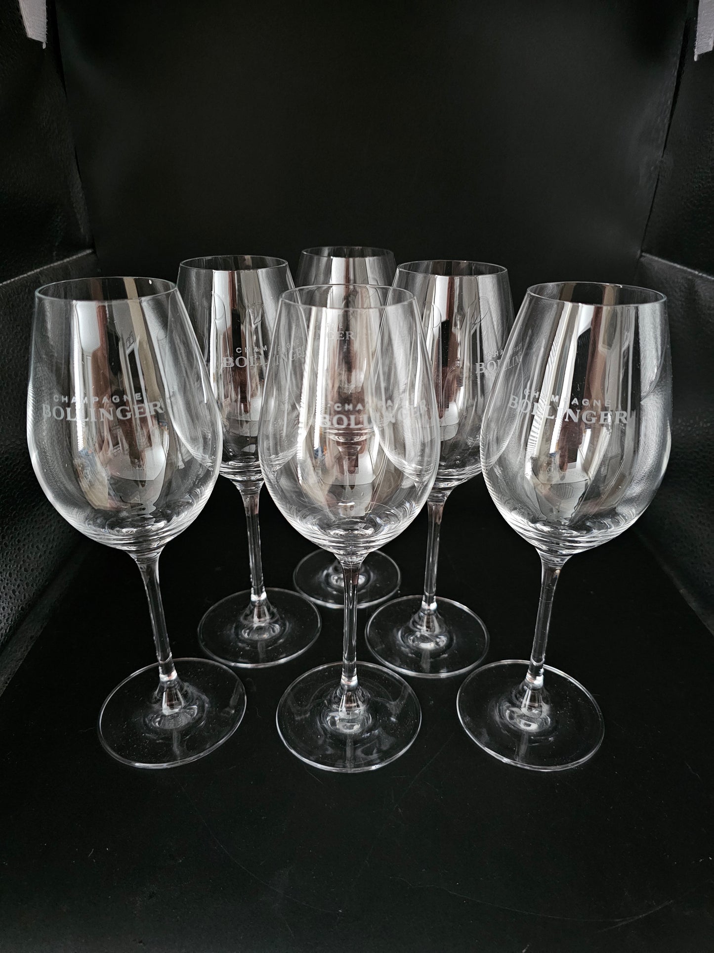 Set of 6 Bollinger Crystal Champagne Flutes. New in Box