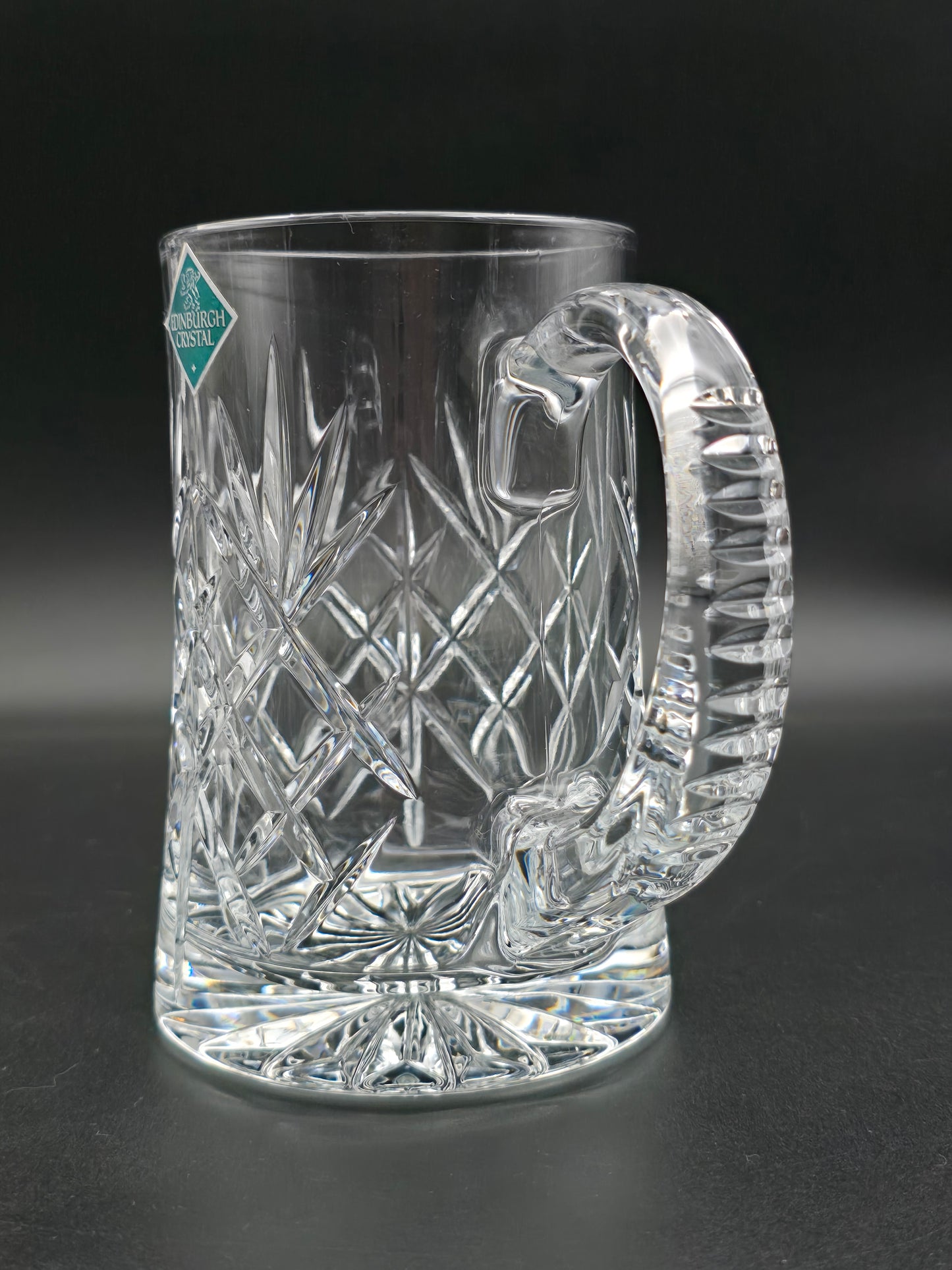 Vintage Cut Crystal Pint Tankard | Star Cut Base | Textured Handle | 14cm Tall | British Crystal Beer Mug | Gift for Him