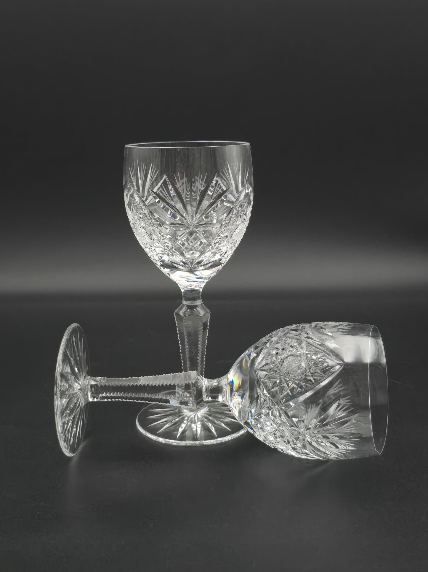 Pair of Vintage Cut Small Crystal Wine or Sherry Glasses – 150ml | Tapered Textured Stem | Star Base | British c.1950s–70s