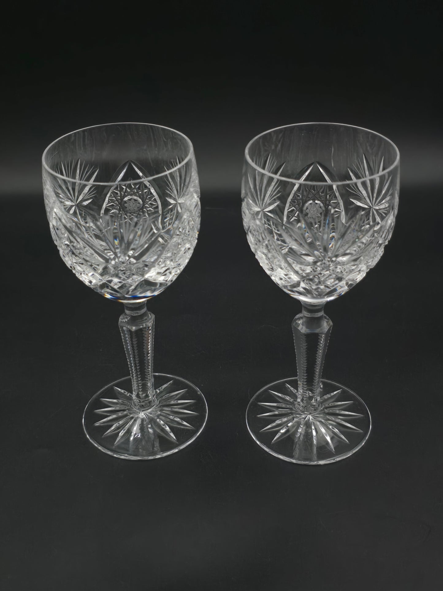 Pair of Vintage Cut Small Crystal Wine or Sherry Glasses – 150ml | Tapered Textured Stem | Star Base | British c.1950s–70s