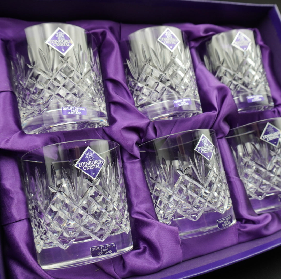 Set of 6 Edinburgh Crystal Lomond 9oz Tumblers | Cut Glass Whisky Glasses in Original Satin Box | Vintage Barware Made in Scotland