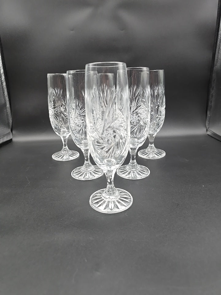 Set of 6 Pinwheel American Cut fluted Crystal Champagne Flutes. 200ml