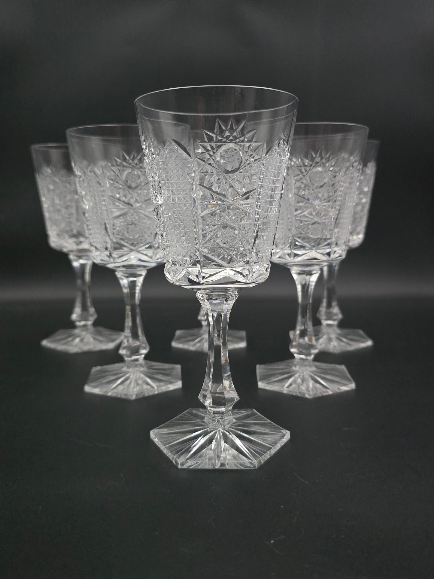 Set of 6 Bohemian vintage Crystal wine glasses with hexagonal base. 175ml