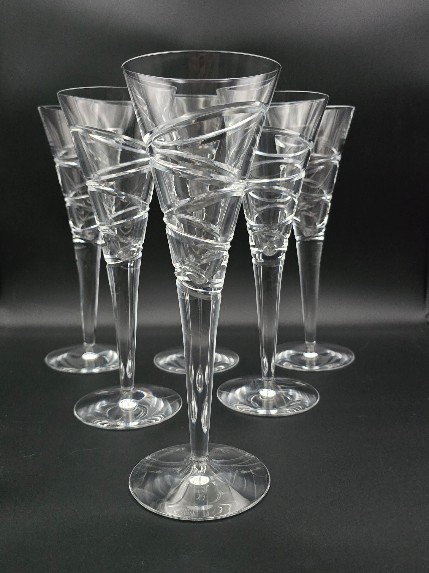 Full set of 6 Stuart Crystal Jasper Conran Large Champagne Trumpet flutes. 275ml. 26cm tall.