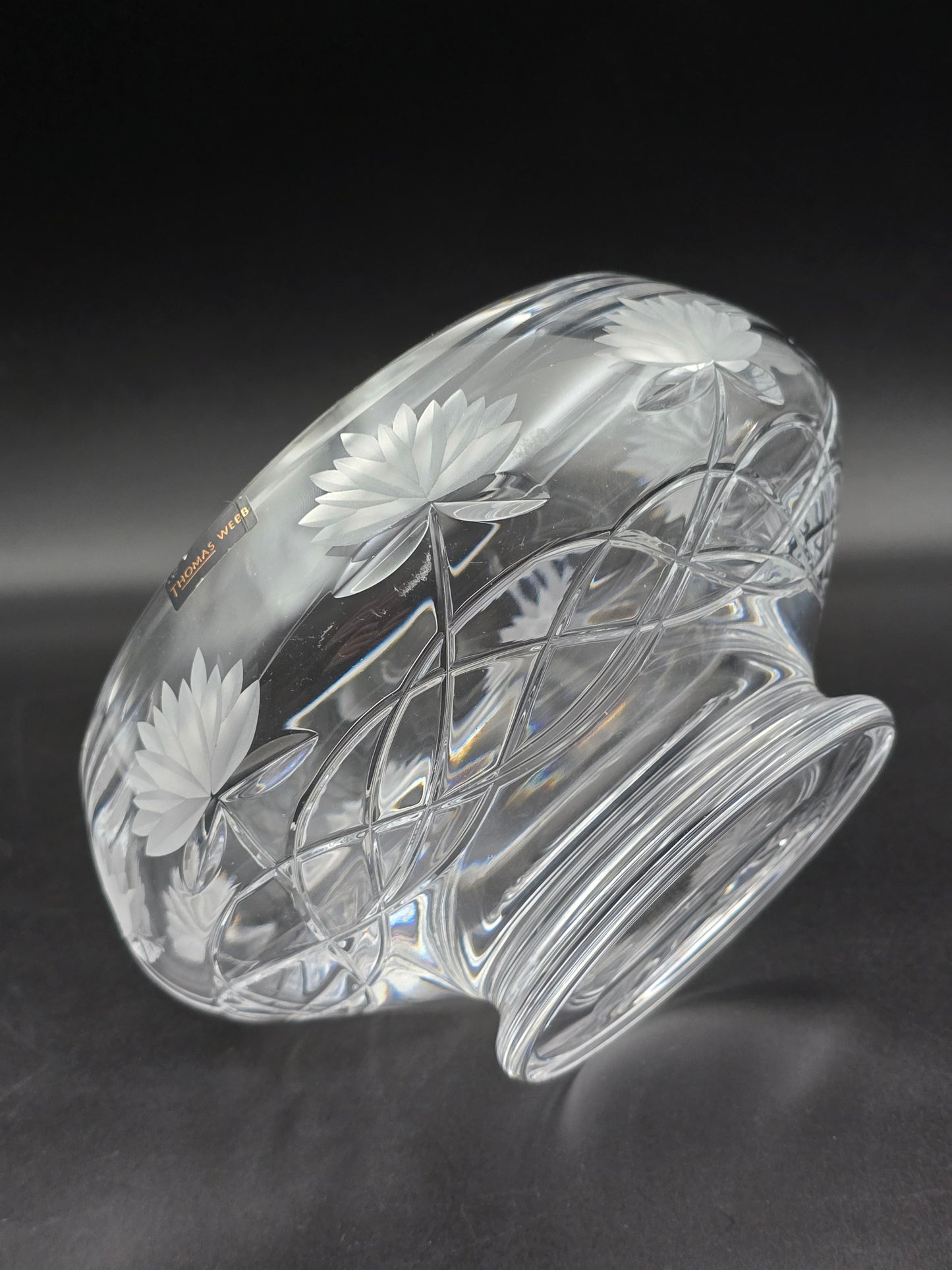 Thomas Webb Crystal Rosebud Bowl with Water Lily Etch – 7″ (18 cm) Footed Posy Rose Bowl, Signed English Lead Crystal Vintage