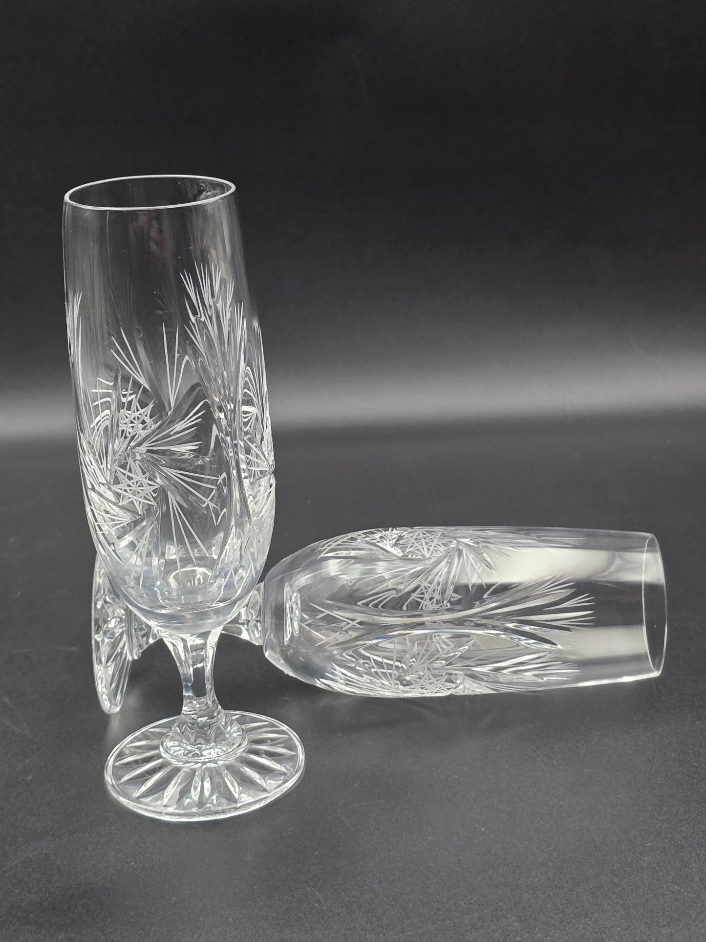 Pair of American Cut Pinwheel pattern fluted Crystal Champagne flutes. 200ml.
