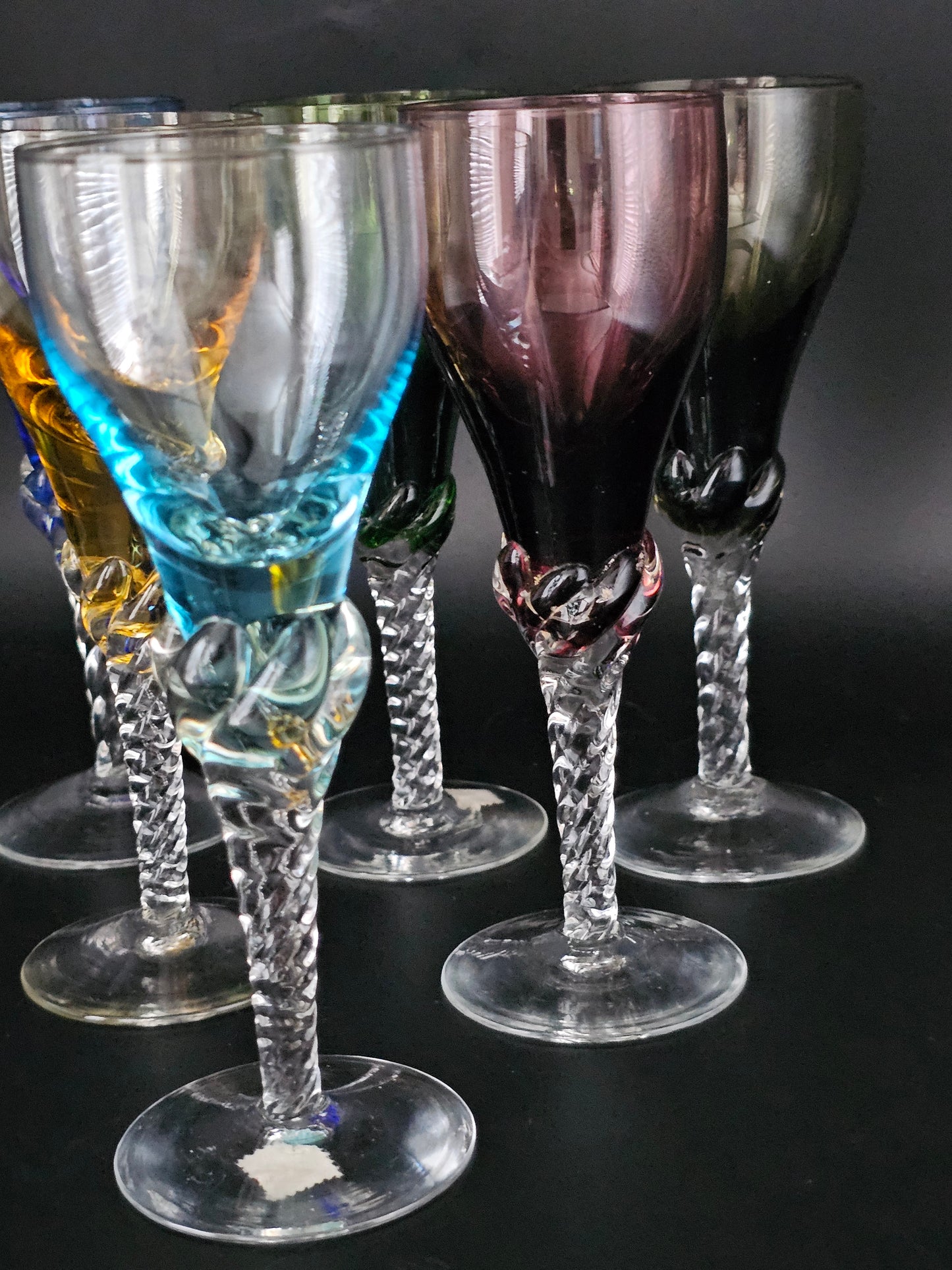 Set of 6 Portugese Hand made Blefeld & Co 1960's twisted stem liqueur glasses. 100ml