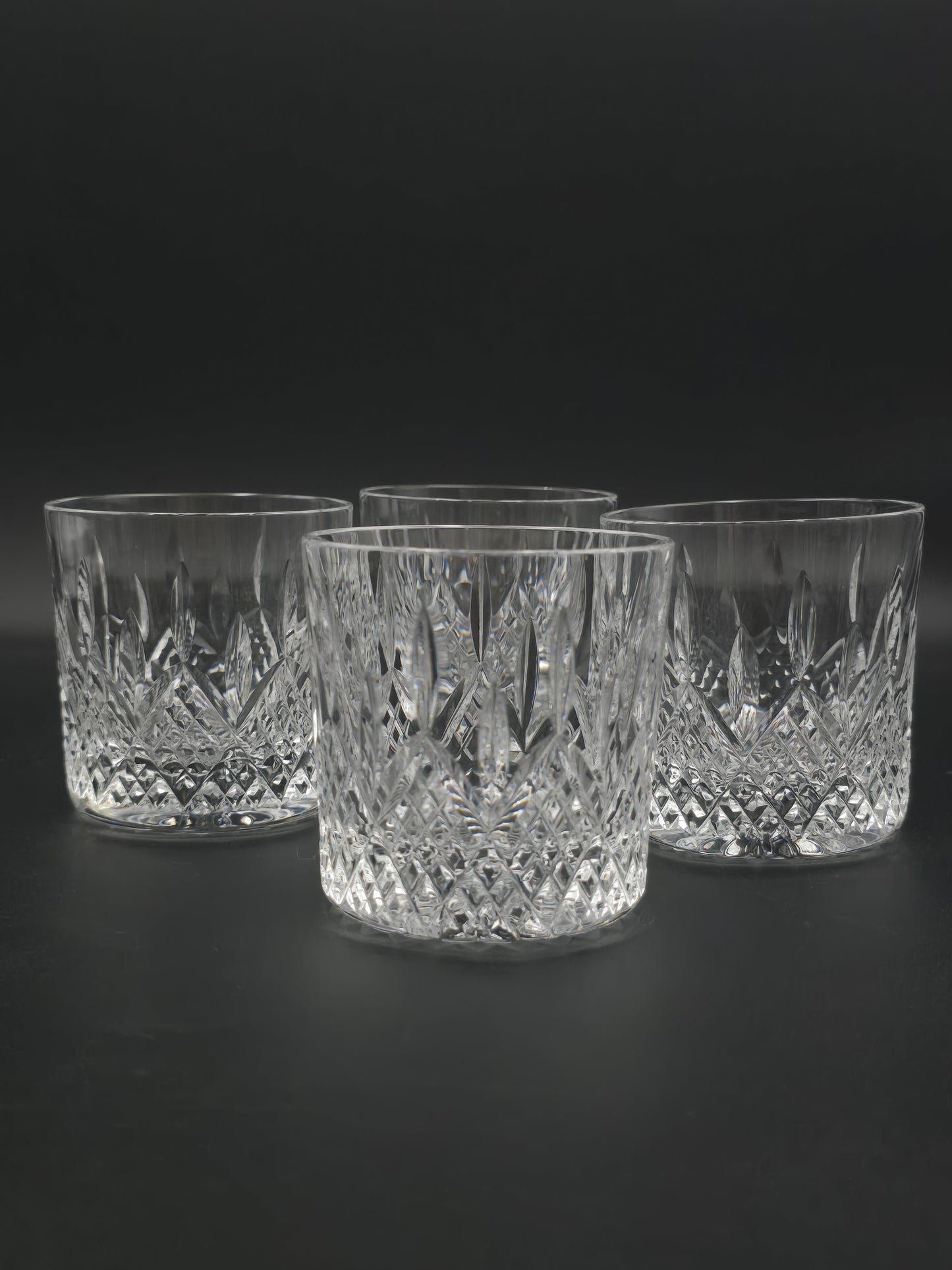 Boxed Set of 4 Stuart Crystal Hamilton Pattern Tumblers – 8 oz Heavy-Base Cut Crystal – England c. 1930s–50s