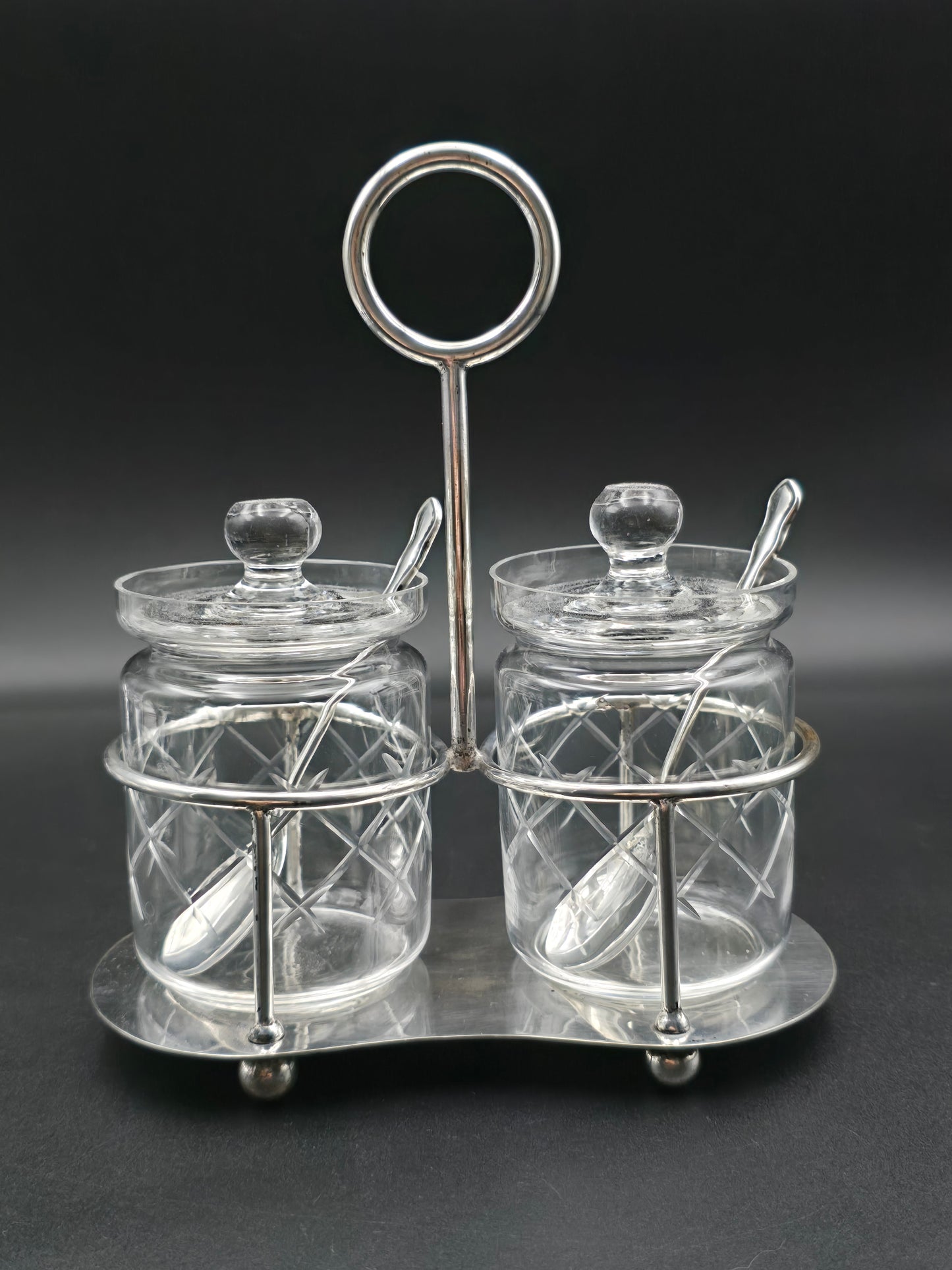 Edwardian Double Jam or Pickle Jar Set – EPNS Tray with Solid Silver Spoons (Birmingham 1907) – Antique Preserve Dish