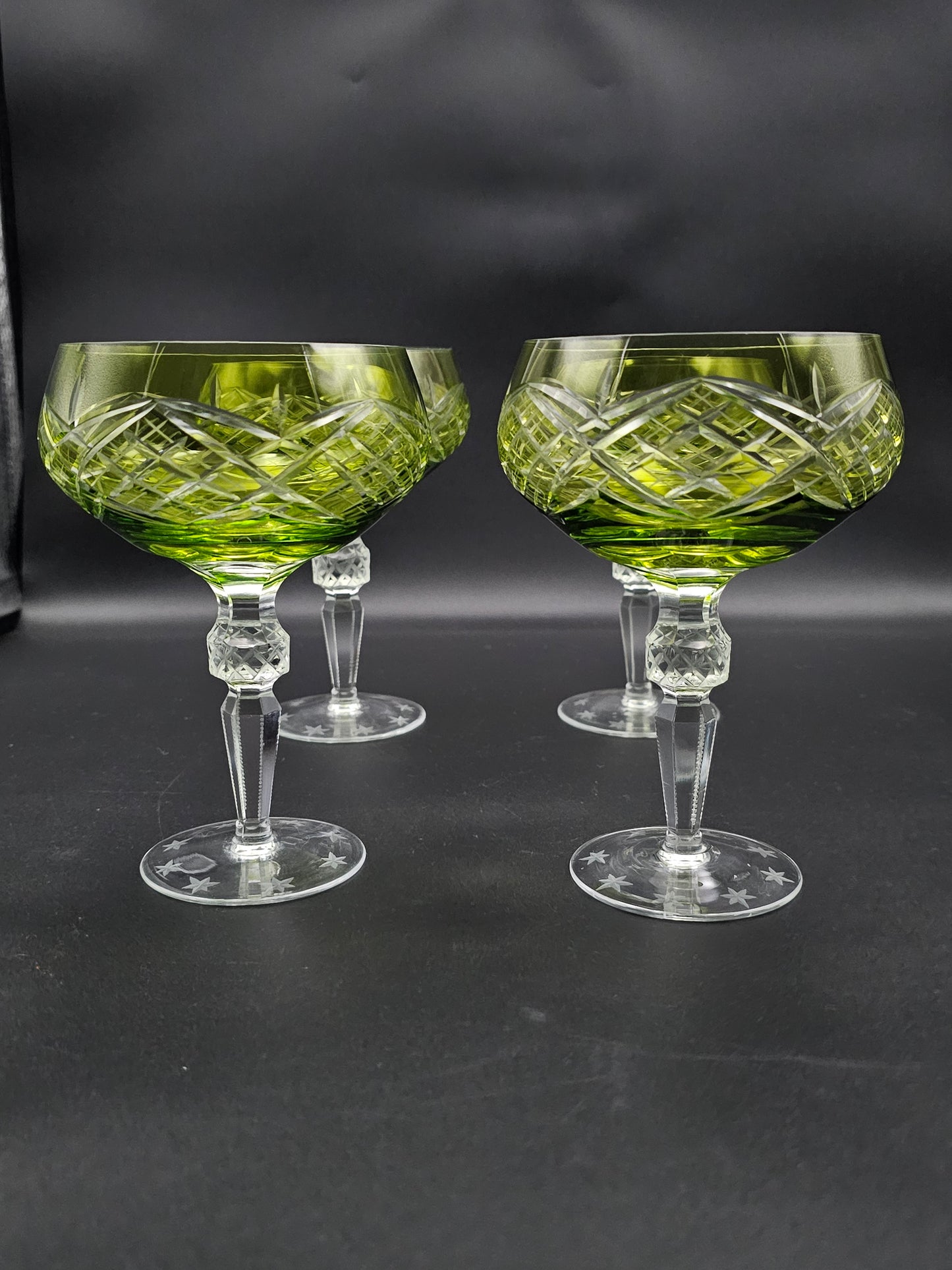 Set of 4 Overlay Green Crystal Coupe glasses