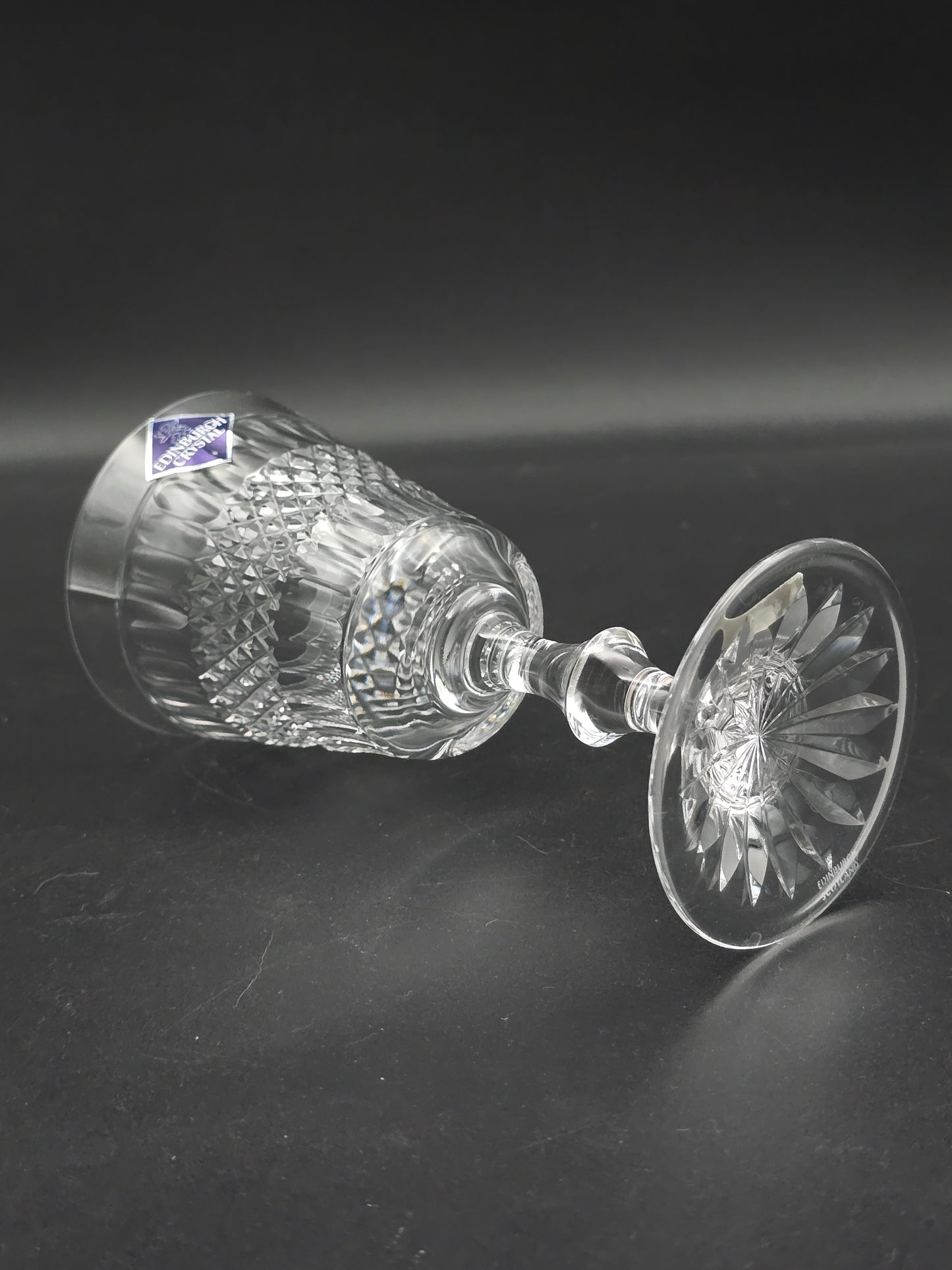 Pair of Edinburgh Crystal Cameron Pattern Crystal wine glasses, boxed. 200ml