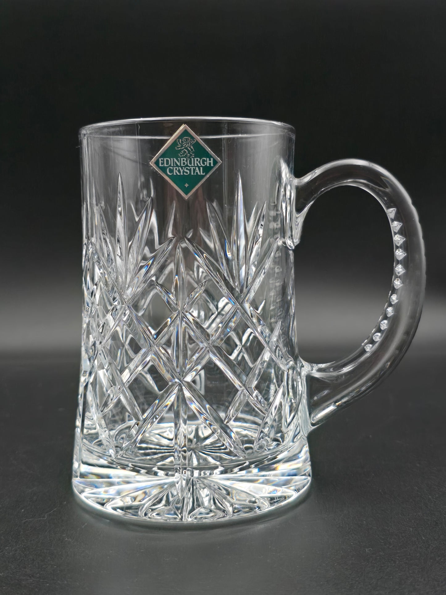 Vintage Cut Crystal Pint Tankard | Star Cut Base | Textured Handle | 14cm Tall | British Crystal Beer Mug | Gift for Him