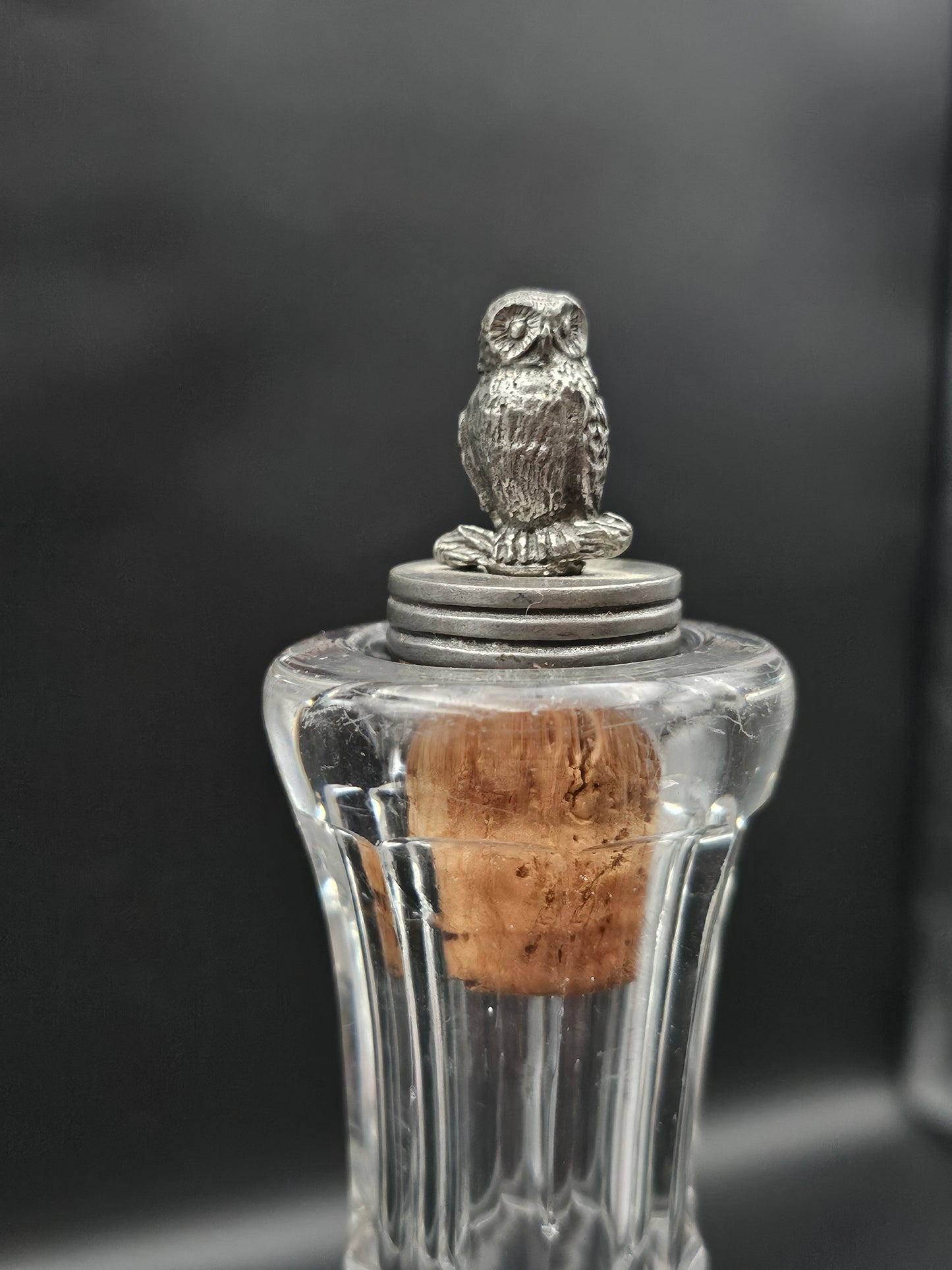 Pair of Small Vintage Decanters with Owl stoppers. 375ml. 20cm tall