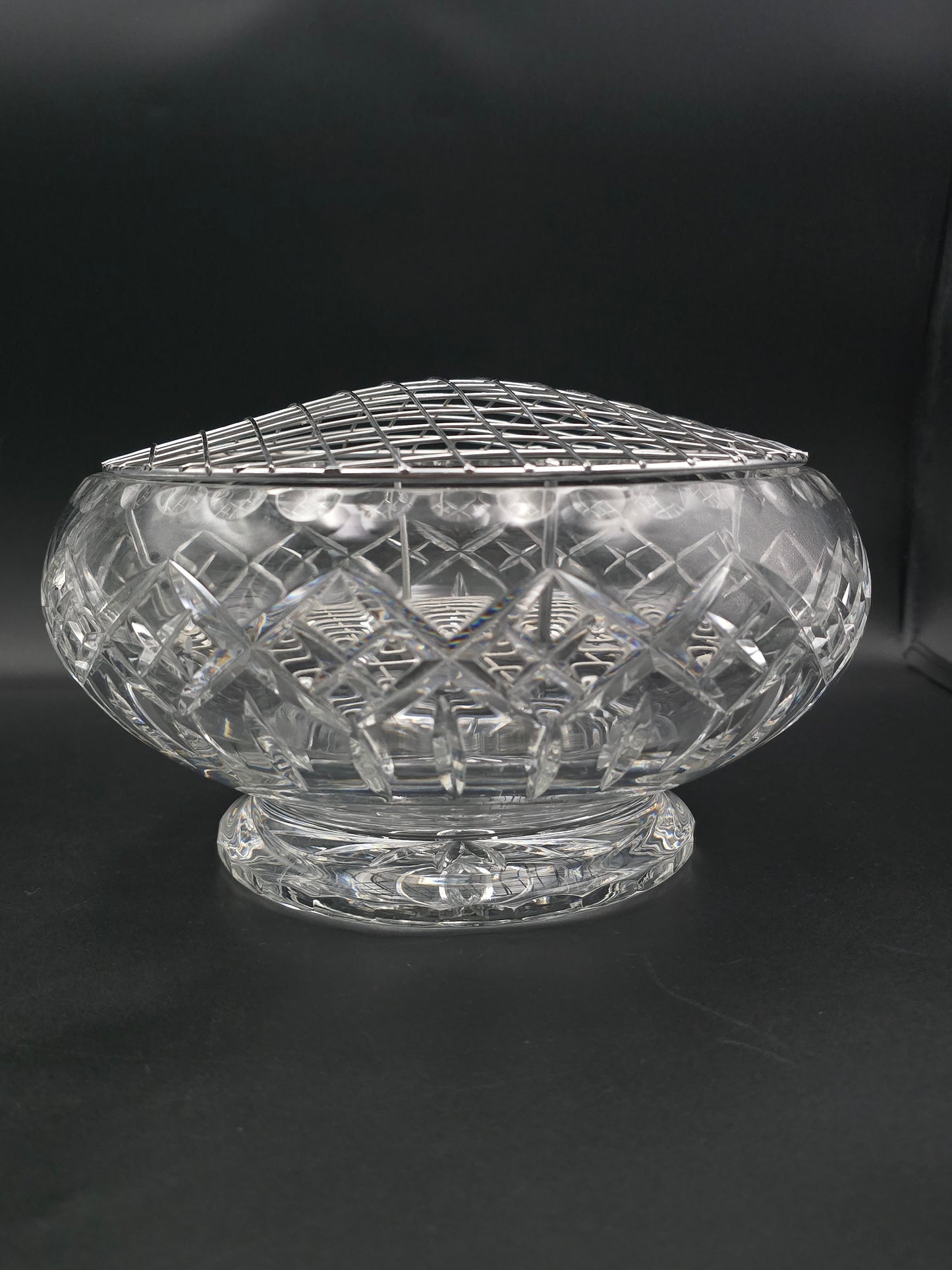 XL Hand-Cut Crystal Rose Bowl with Mesh Frog | 3kg 15.5cm Tall x 24cm Wide | Vintage Star Base Posy Vase | Cut Cross & Fan Pattern