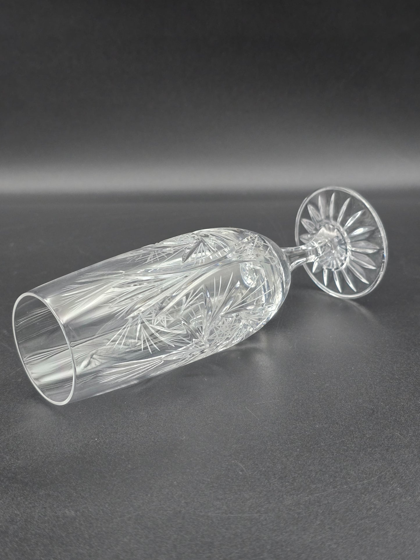 Pair of American Cut Pinwheel pattern fluted Crystal Champagne flutes. 200ml.