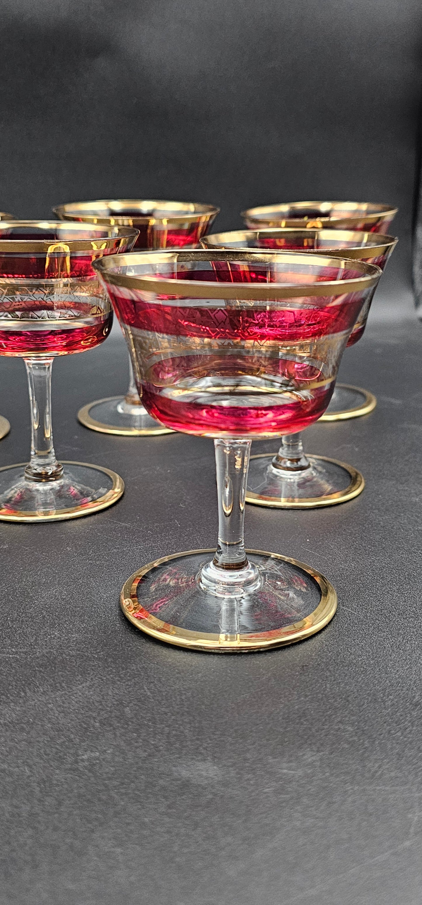 Set of 6 Small Crystal coupes with red and golden coloured detailing. 100ml 9.5cm tall