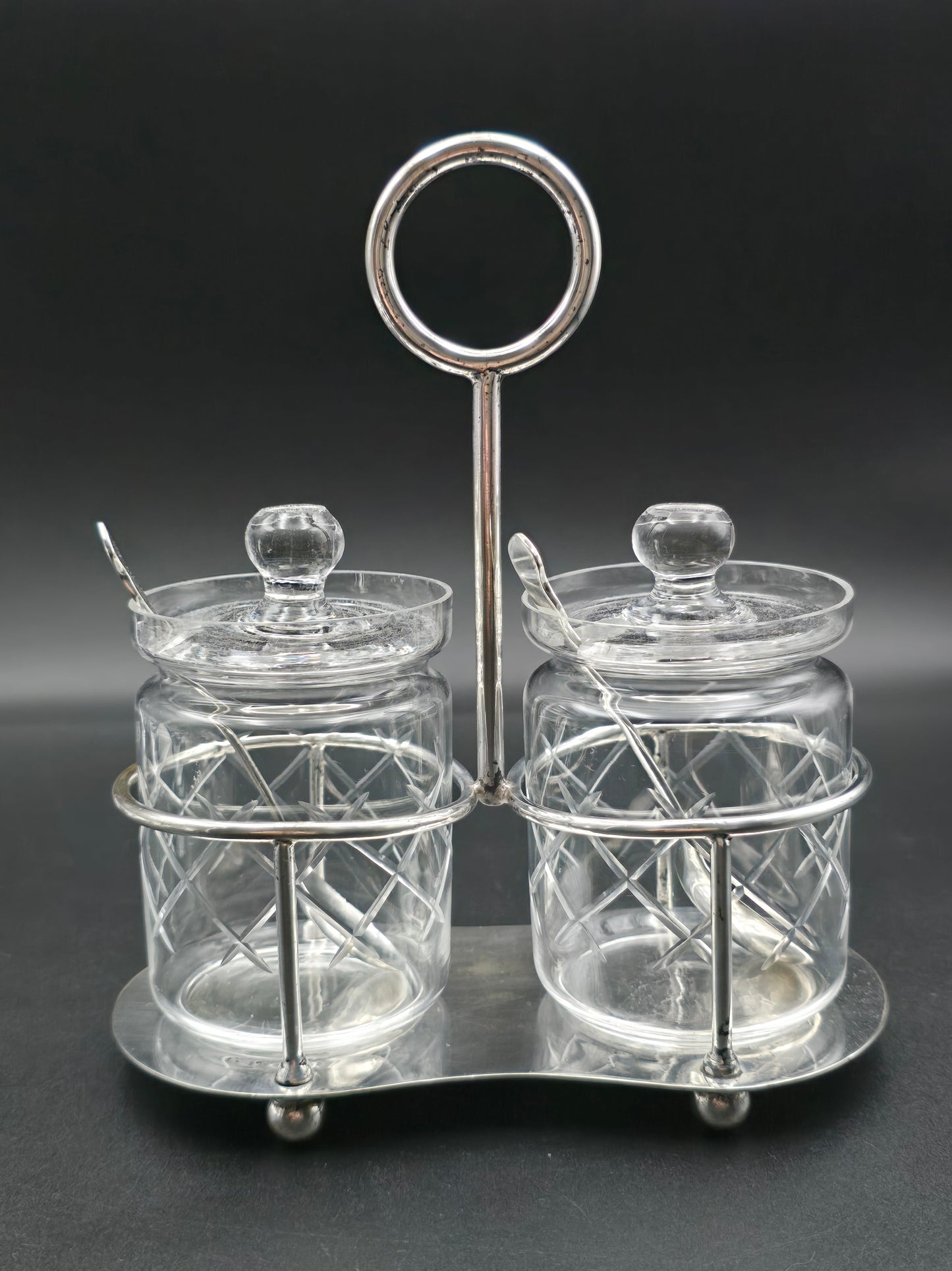 Edwardian Double Jam or Pickle Jar Set – EPNS Tray with Solid Silver Spoons (Birmingham 1907) – Antique Preserve Dish