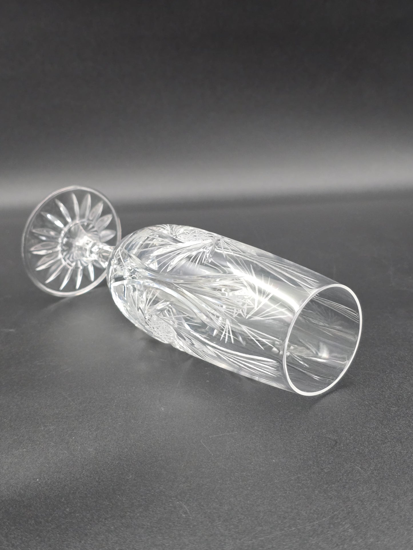 Pair of American Cut Pinwheel pattern fluted Crystal Champagne flutes. 200ml.