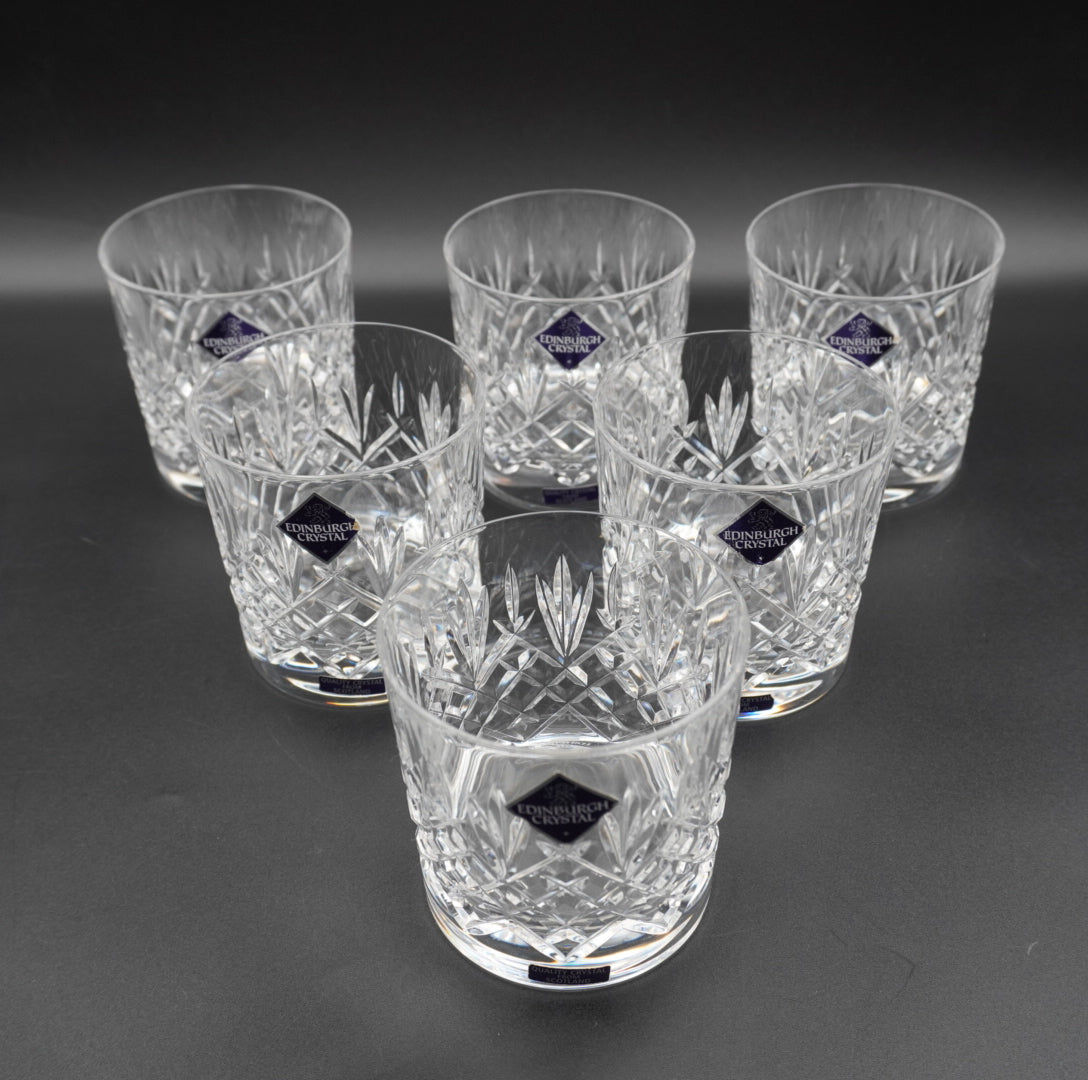Set of 6 Edinburgh Crystal Lomond 9oz Tumblers | Cut Glass Whisky Glasses in Original Satin Box | Vintage Barware Made in Scotland