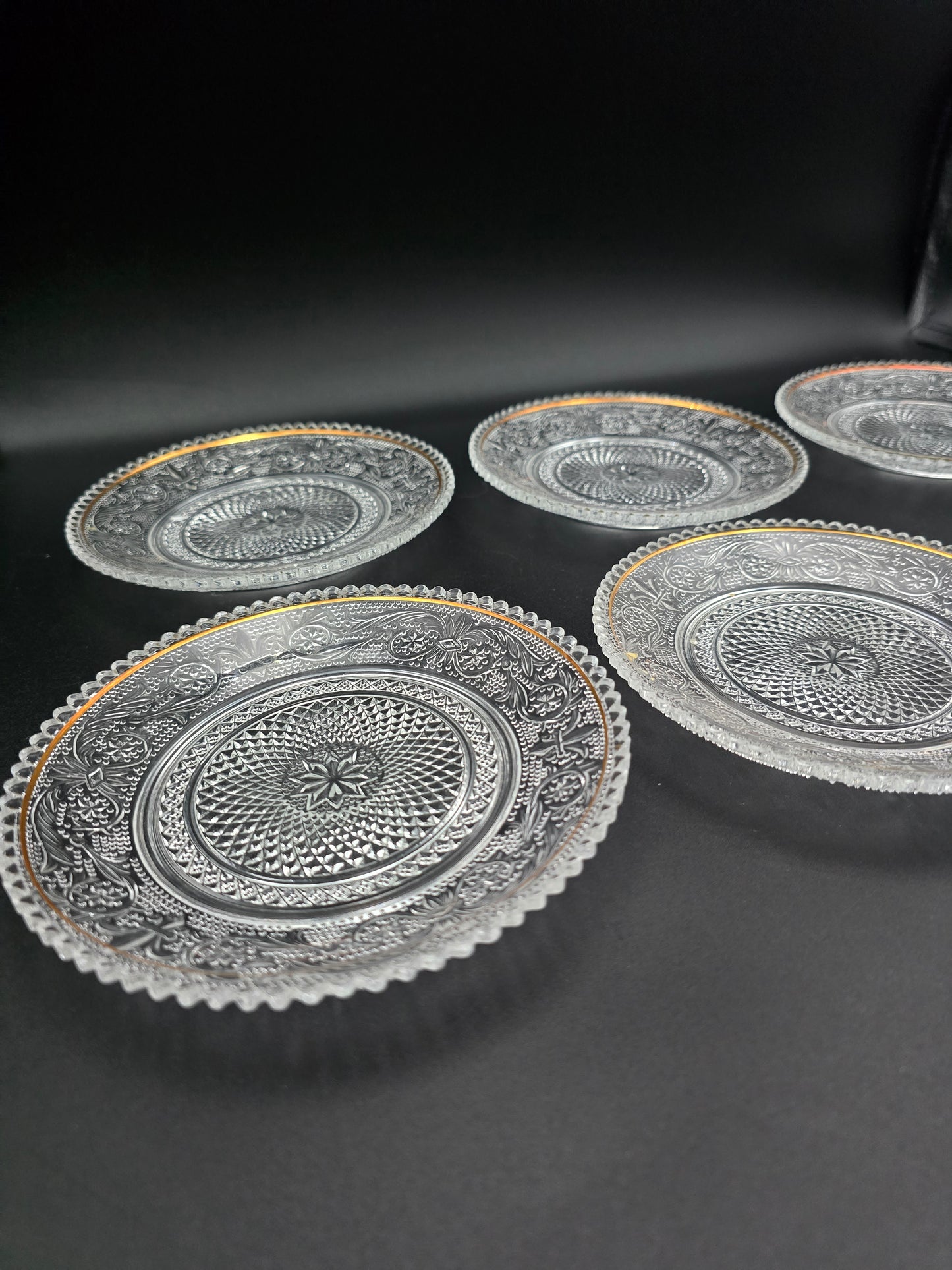 Set of 6 Vintage Pressed glass side plates. 15cm