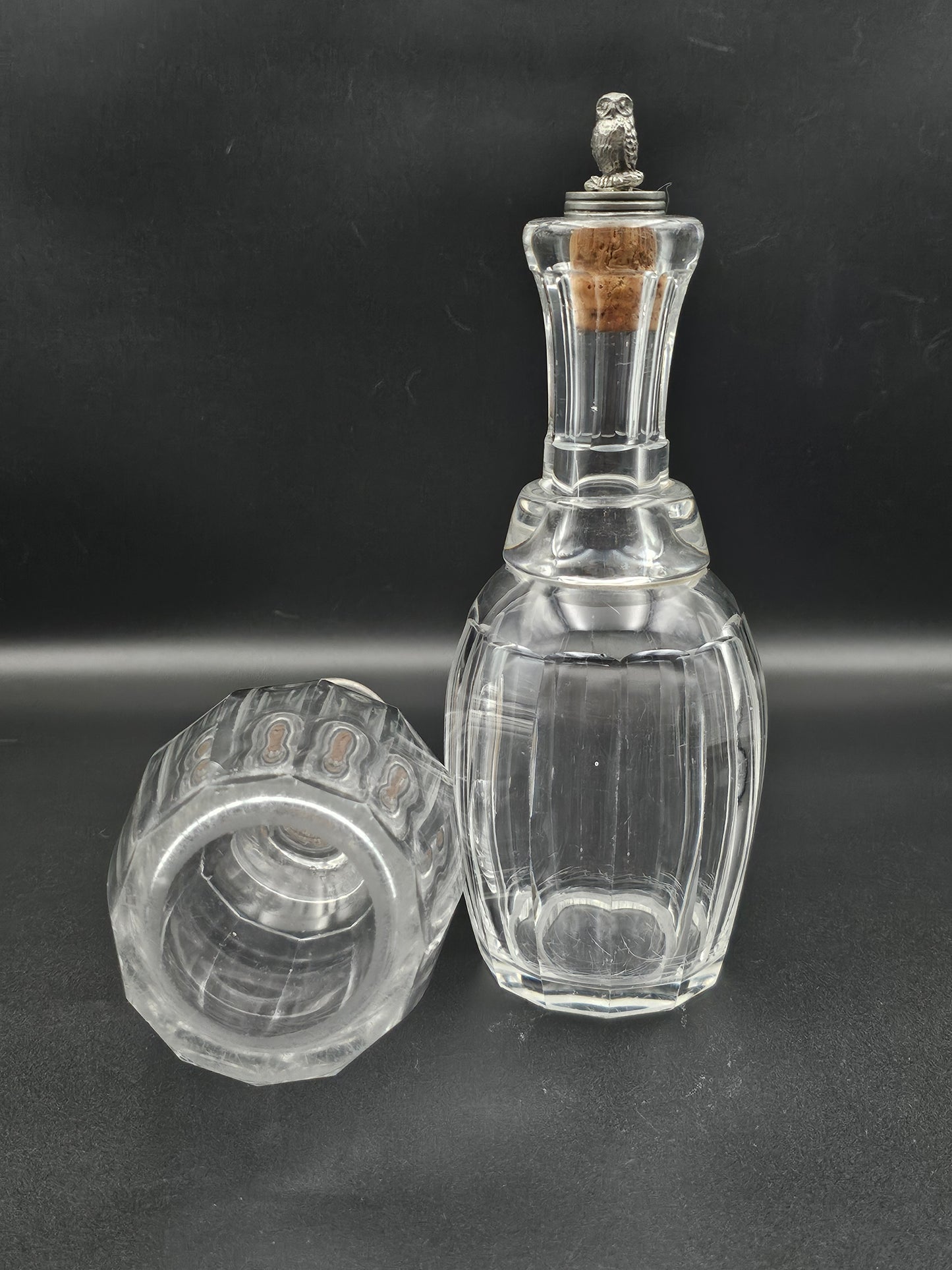 Pair of Small Vintage Decanters with Owl stoppers. 375ml. 20cm tall