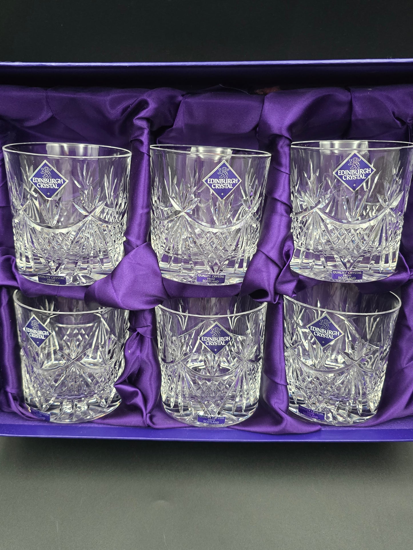 Set of 6 Edinburgh Crystal EDI41 Pattern Crystal Whisky Tumblers. 10oz. Boxed.