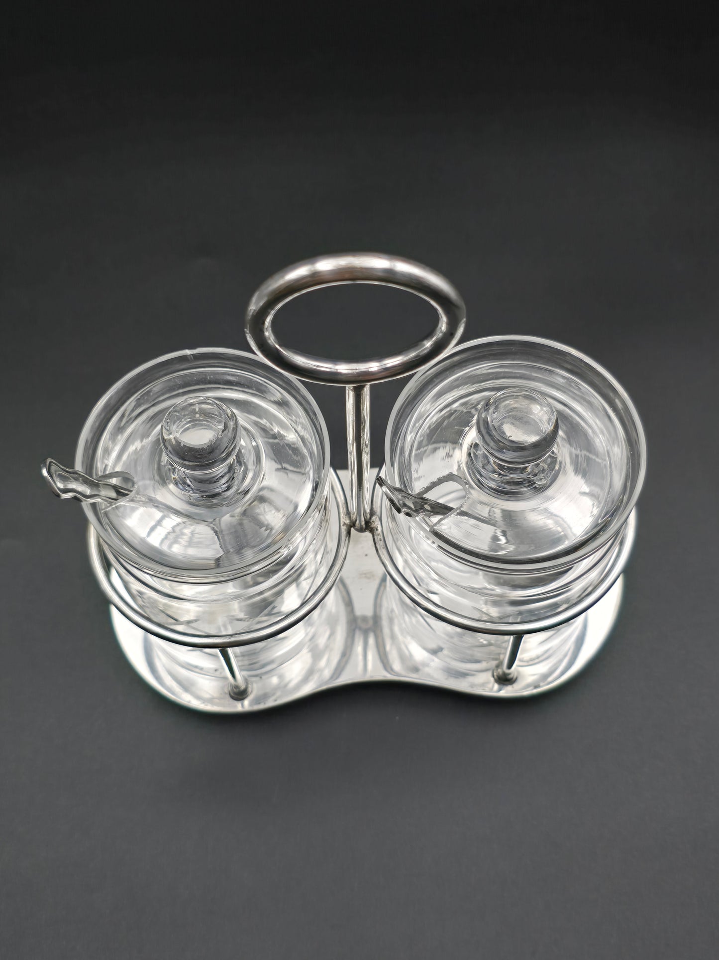 Edwardian Double Jam or Pickle Jar Set – EPNS Tray with Solid Silver Spoons (Birmingham 1907) – Antique Preserve Dish