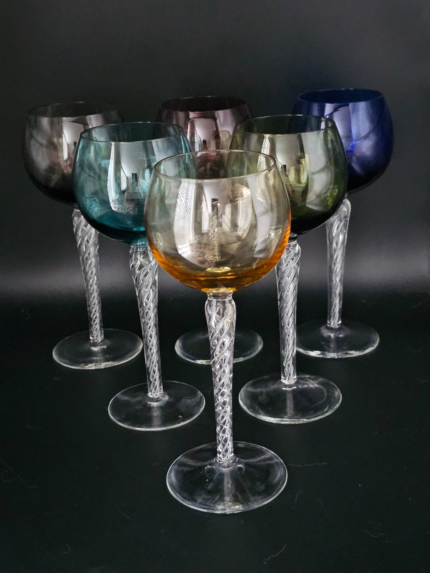 Set of 6 Coloured Air Twist Stem Coloured Crystal Hock Glasses. 250ml