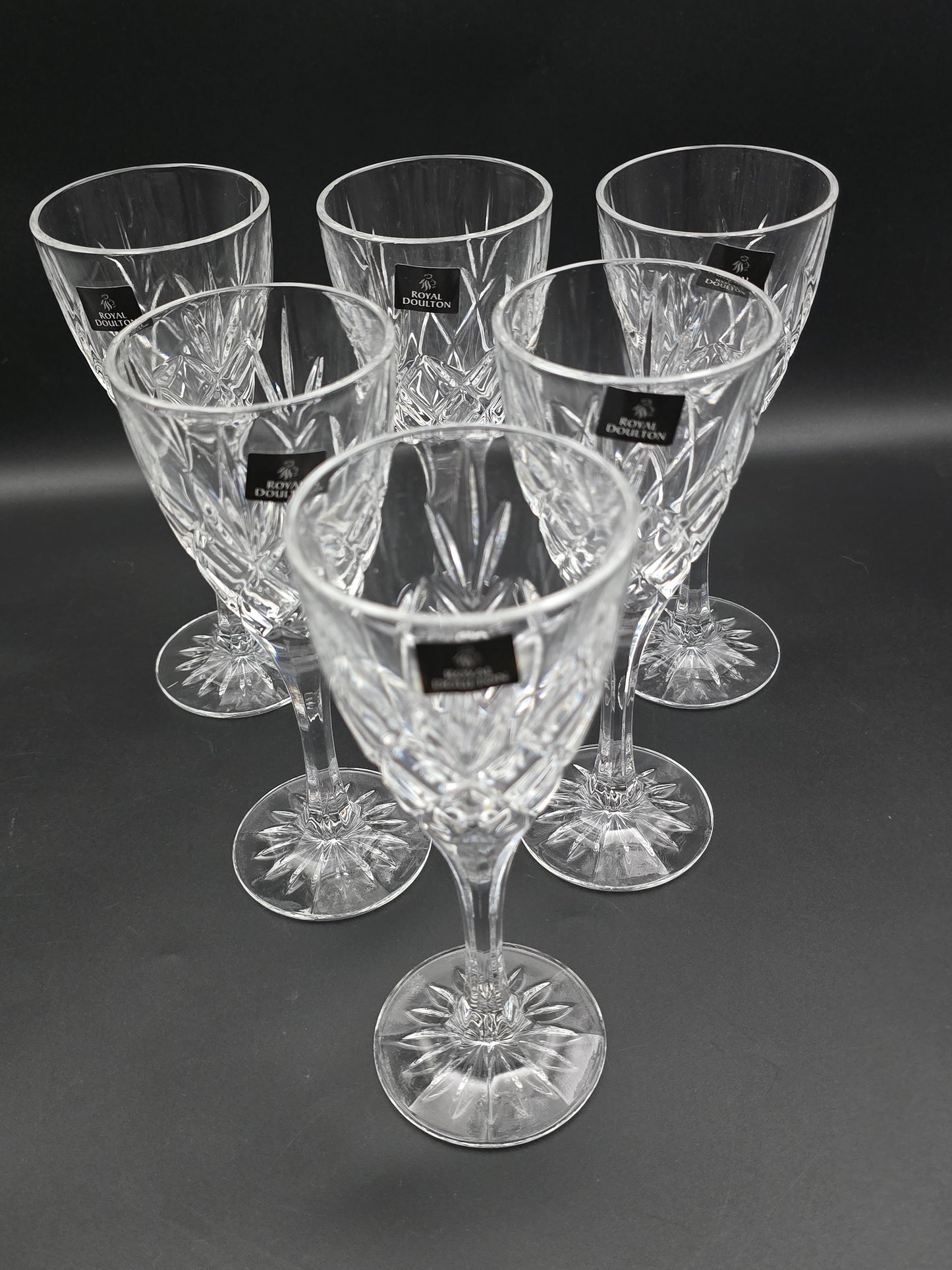 Set of 6 Royal Doulton Canterbury Pattern Crystal wine glasses. 175ml. Boxed