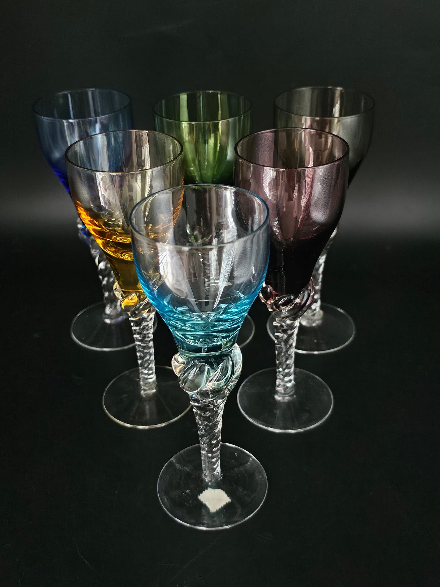 Set of 6 Portugese Hand made Blefeld & Co 1960's twisted stem liqueur glasses. 100ml