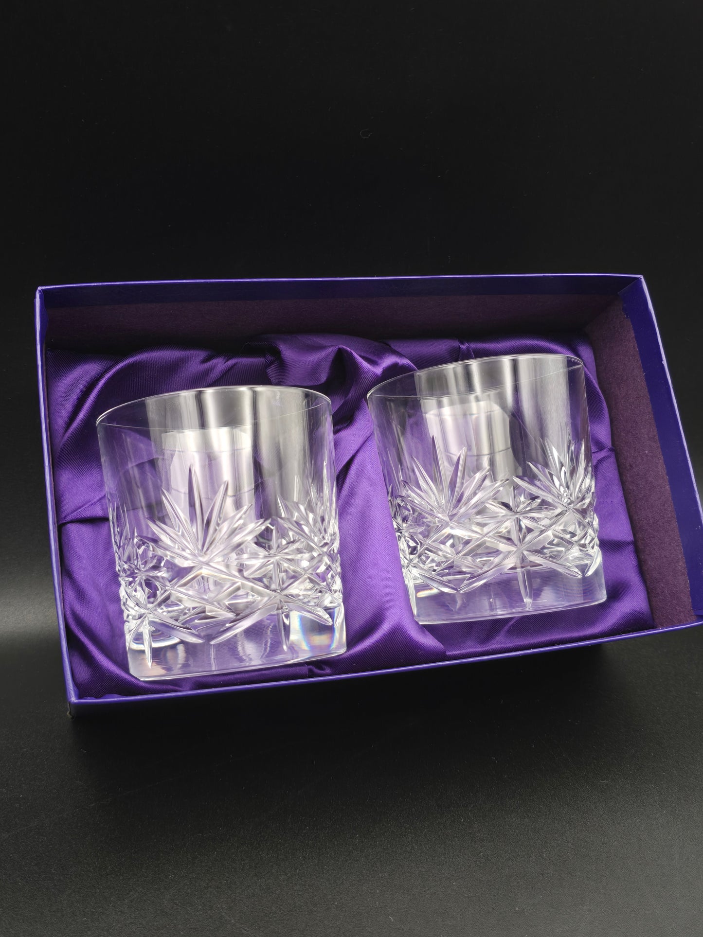 Pair of Edinburgh Crystal Duet Pattern Tumblers – 10oz – Signed, in Original Satin-Lined Box – 8.5cm Tall – Vintage Scottish Cut Crystal