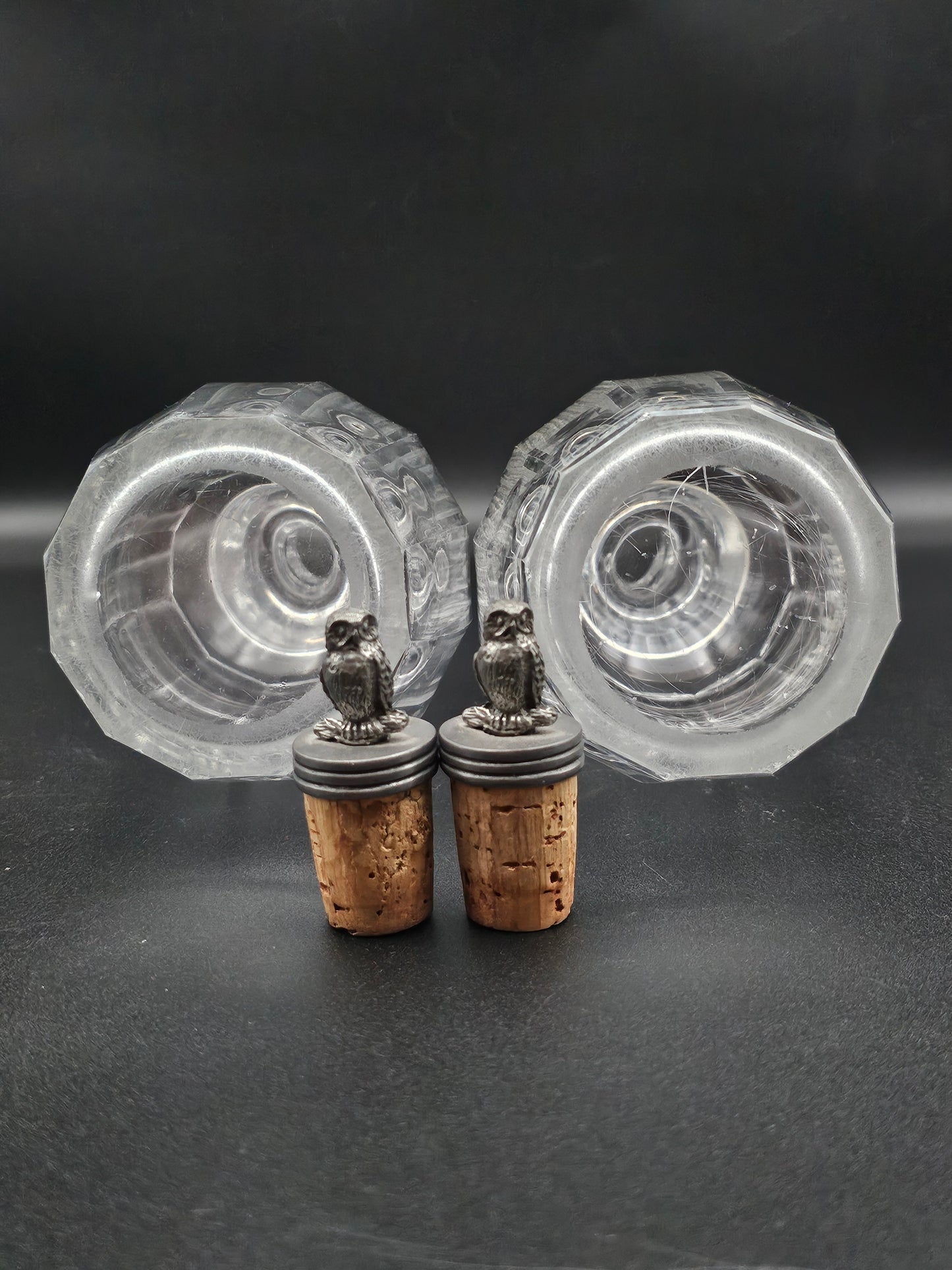 Pair of Small Vintage Decanters with Owl stoppers. 375ml. 20cm tall