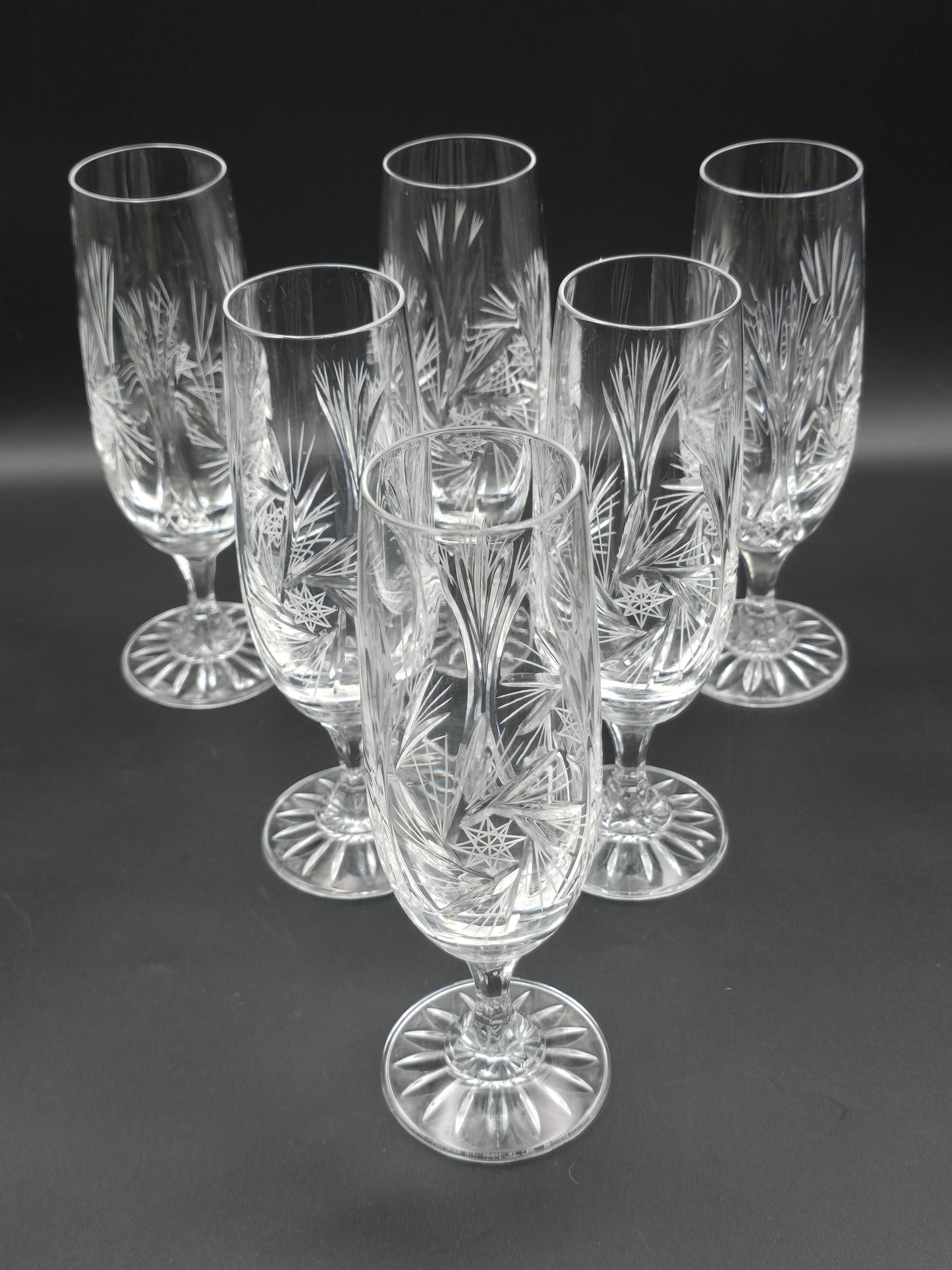 Set of 6 Pinwheel American Cut fluted Crystal Champagne Flutes. 200ml