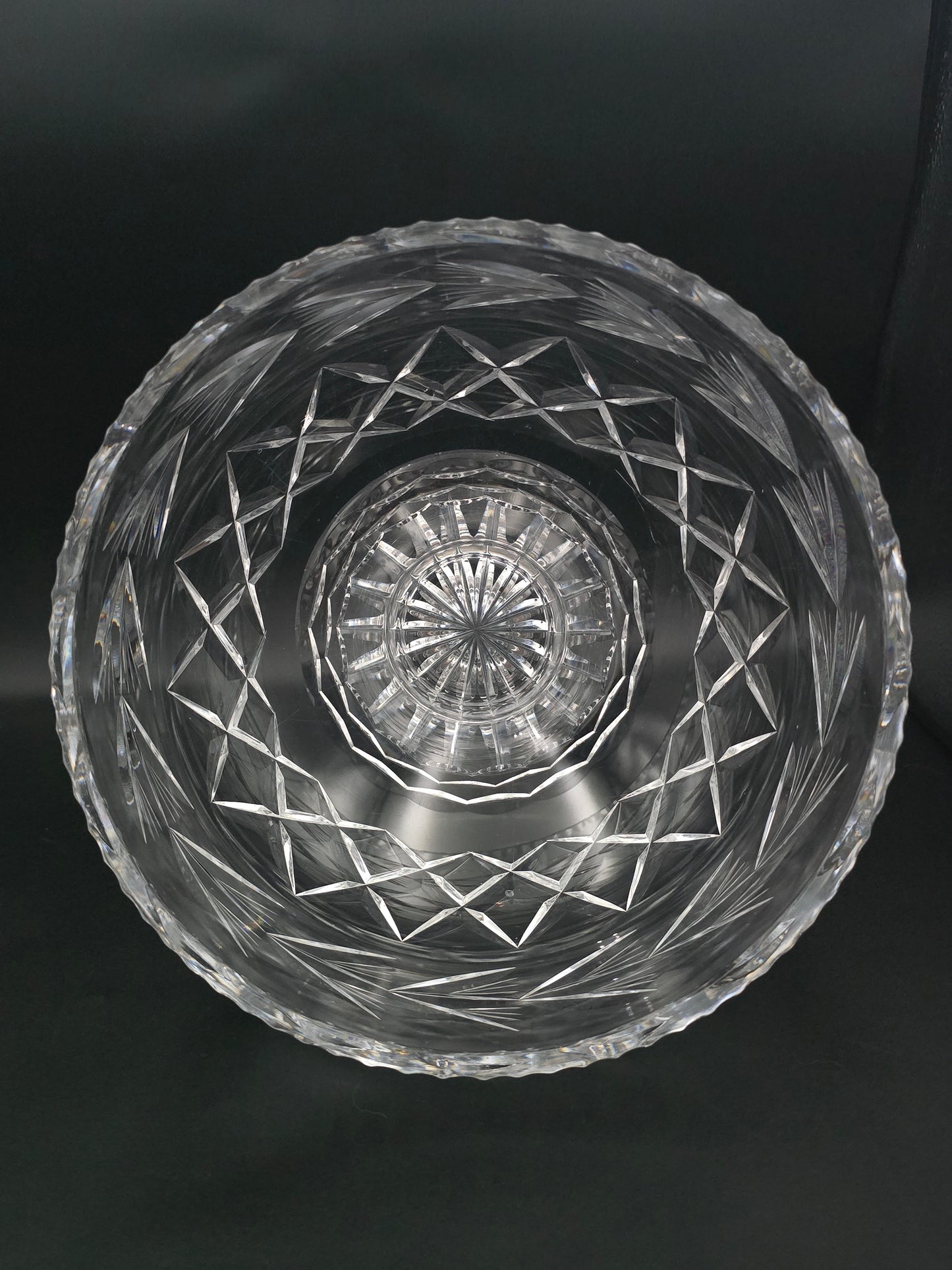Large Vintage Bohemian/German Cut Crystal Footed Pedestal Bowl, 20 cm H × 26 cm W, Hobstar Star-Cross Pattern