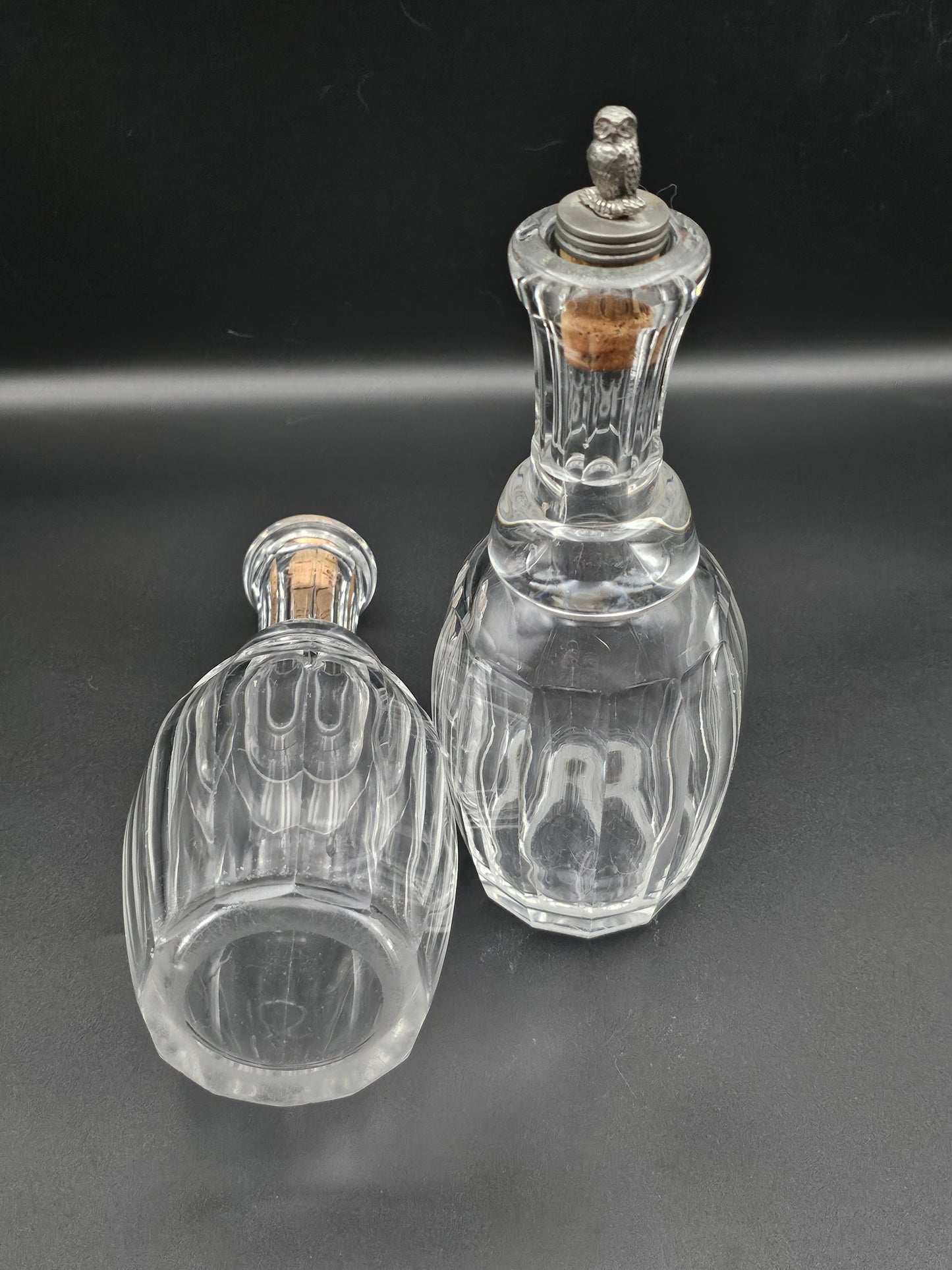 Pair of Small Vintage Decanters with Owl stoppers. 375ml. 20cm tall