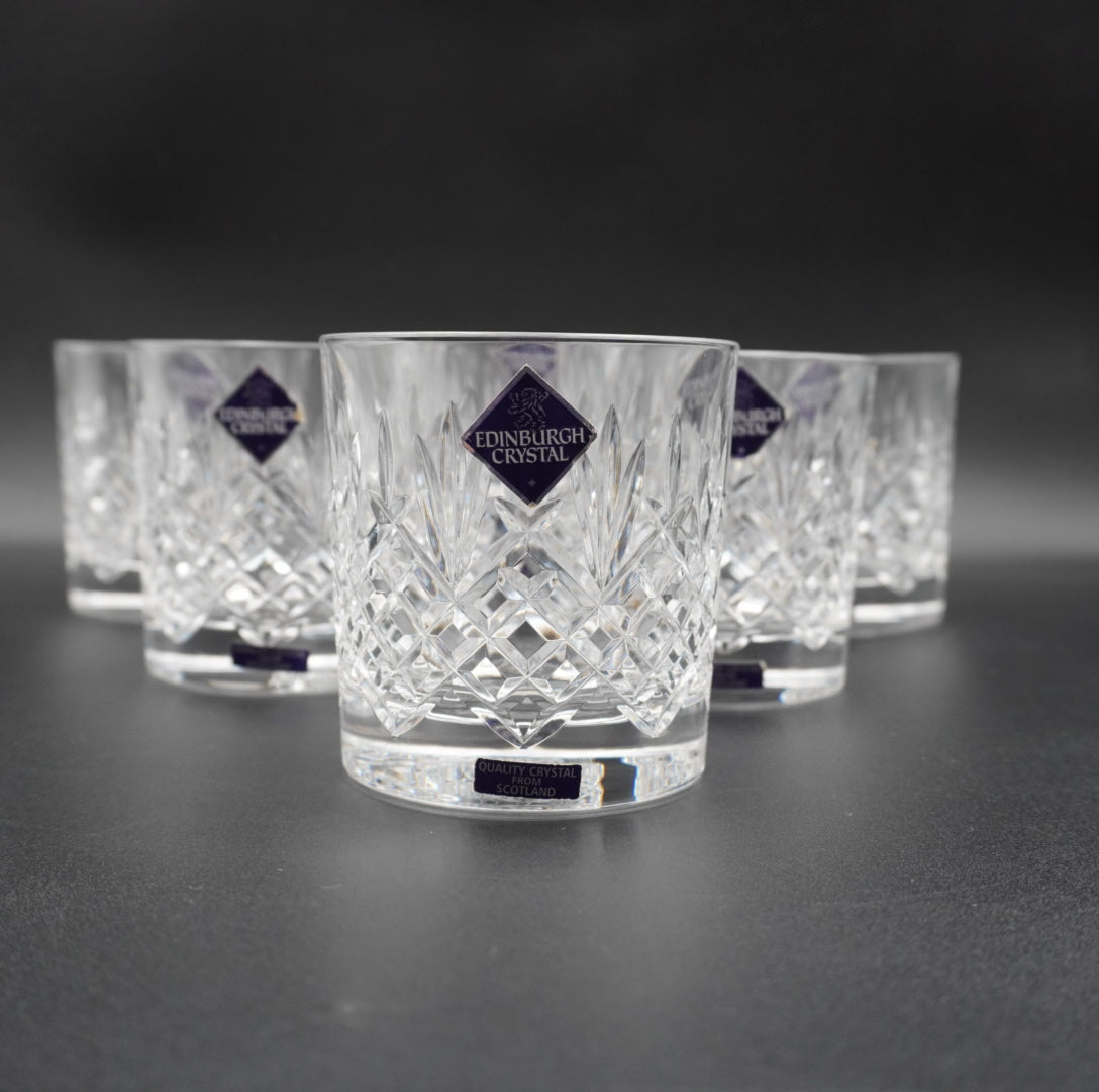 Set of 6 Edinburgh Crystal Lomond 9oz Tumblers | Cut Glass Whisky Glasses in Original Satin Box | Vintage Barware Made in Scotland