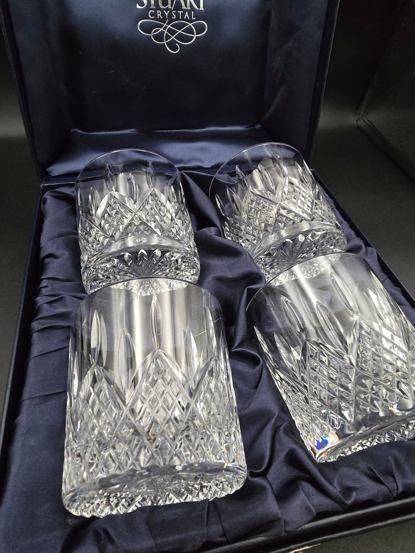 Boxed Set of 4 Stuart Crystal Hamilton Pattern Tumblers – 8 oz Heavy-Base Cut Crystal – England c. 1930s–50s