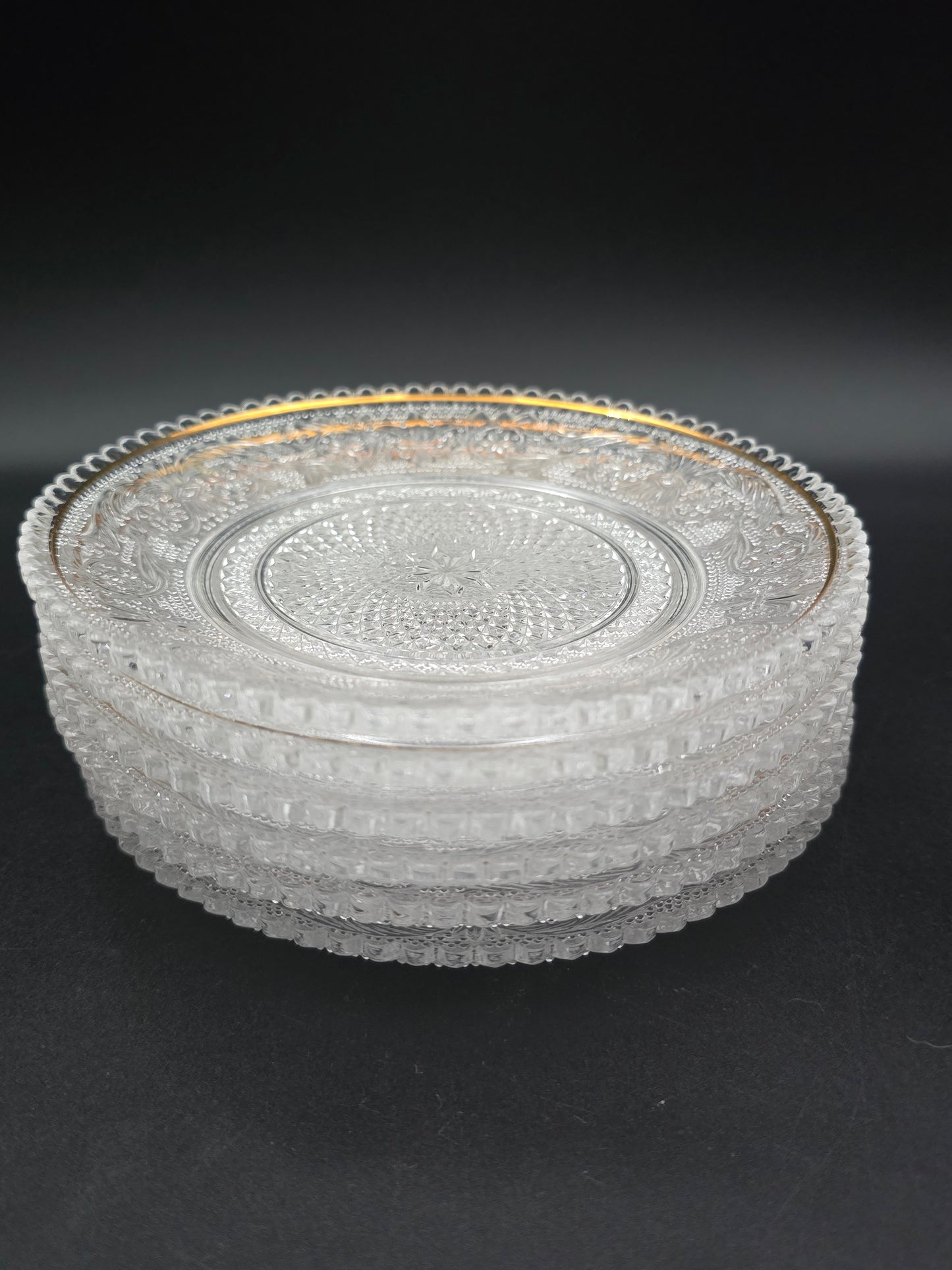 Set of 6 Vintage Pressed glass side plates. 15cm