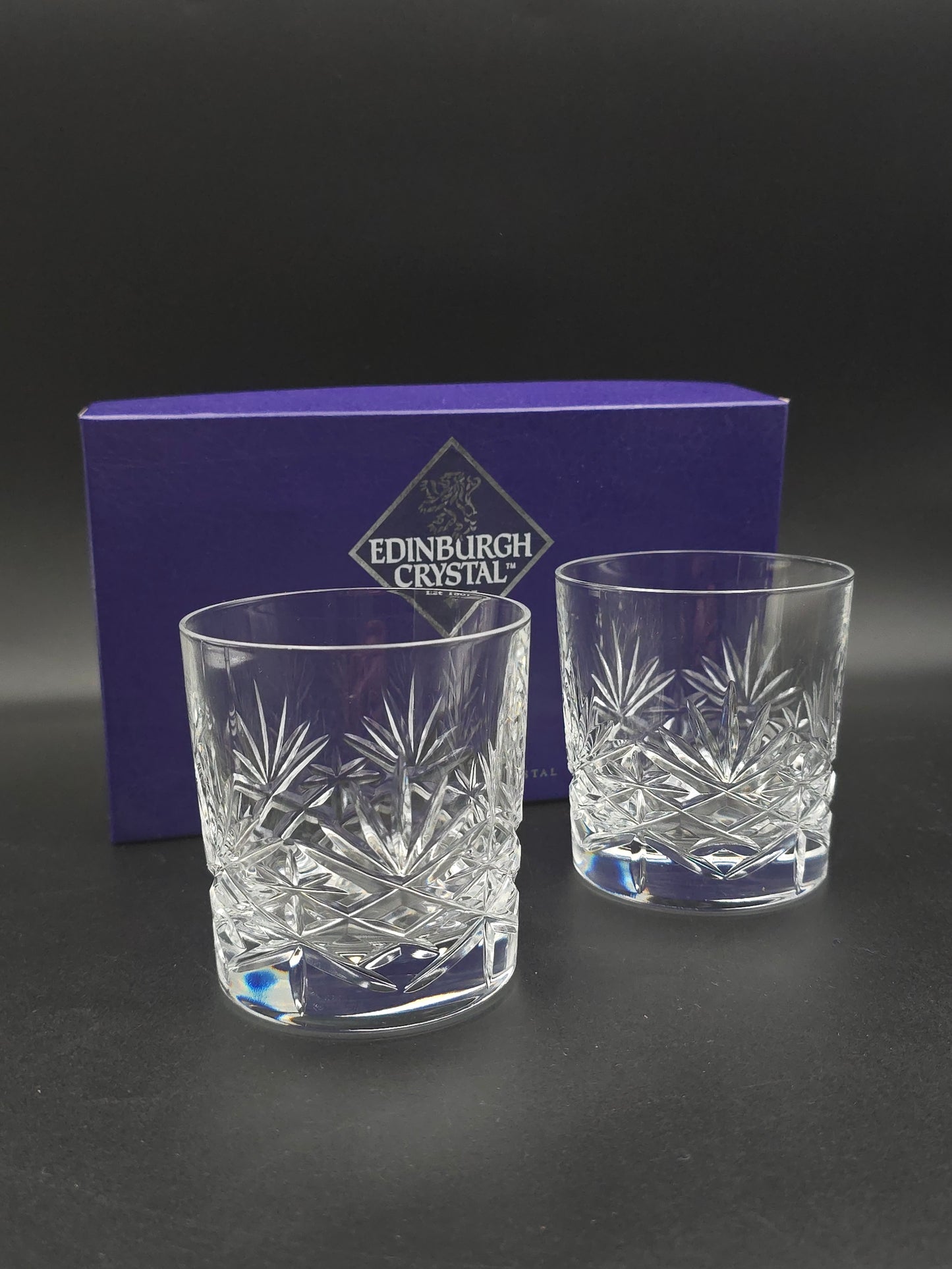 Pair of Edinburgh Crystal Duet Pattern Tumblers – 10oz – Signed, in Original Satin-Lined Box – 8.5cm Tall – Vintage Scottish Cut Crystal