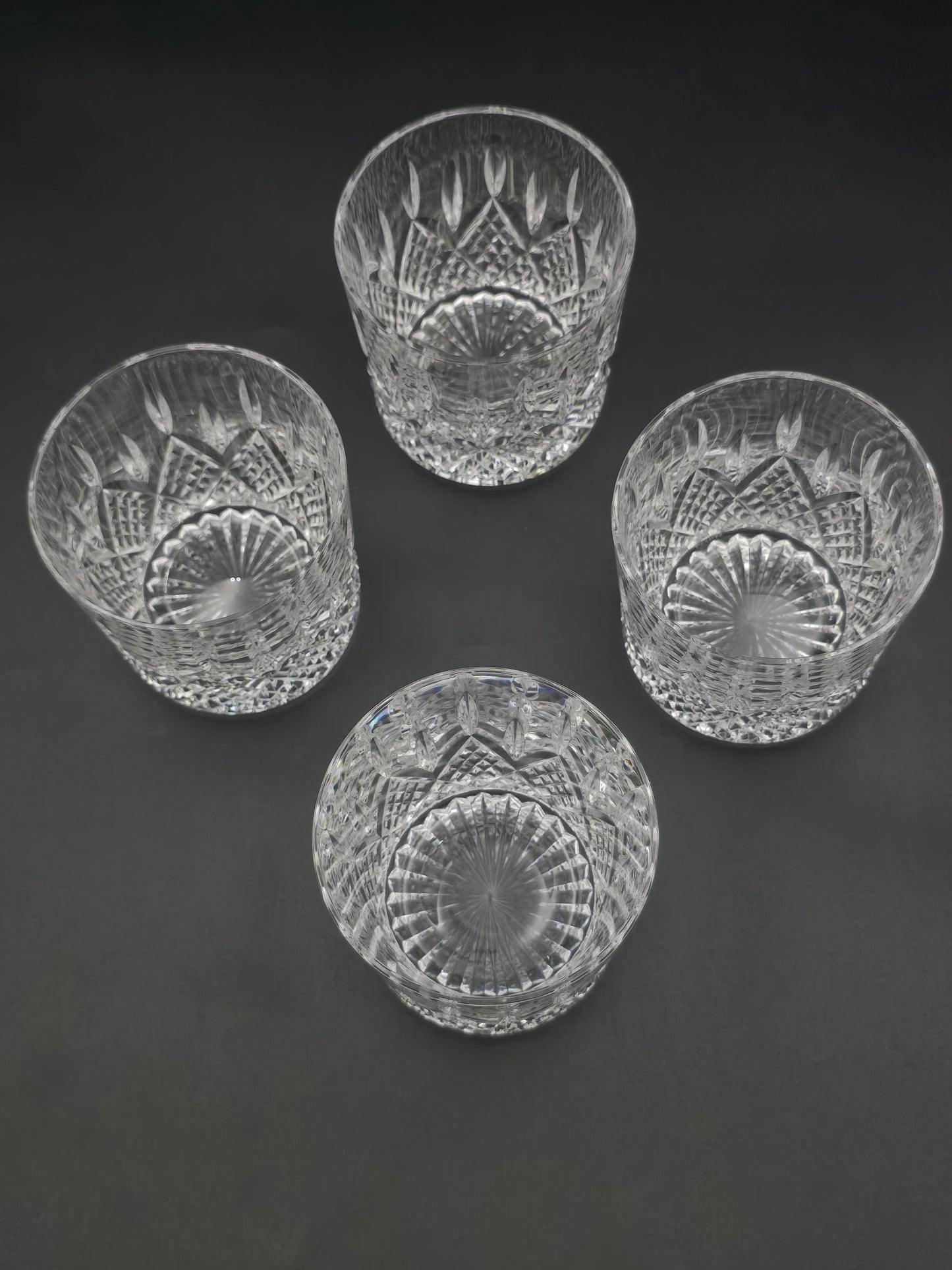 Boxed Set of 4 Stuart Crystal Hamilton Pattern Tumblers – 8 oz Heavy-Base Cut Crystal – England c. 1930s–50s