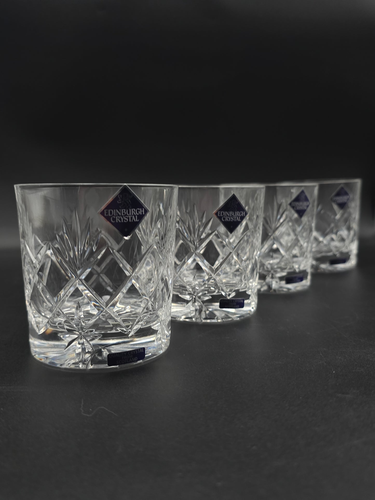 Set of 4 Edinburgh Crystal Kelso 10 oz Tumblers – Star‑Pattern Base, Boxed & Stickered, Scottish Cut Glass