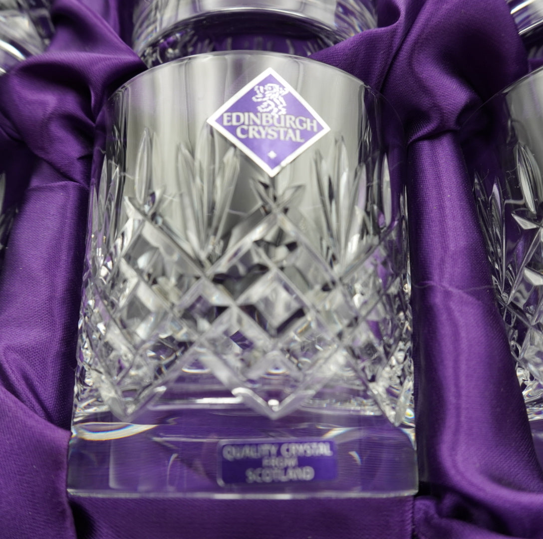 Set of 6 Edinburgh Crystal Lomond 9oz Tumblers | Cut Glass Whisky Glasses in Original Satin Box | Vintage Barware Made in Scotland