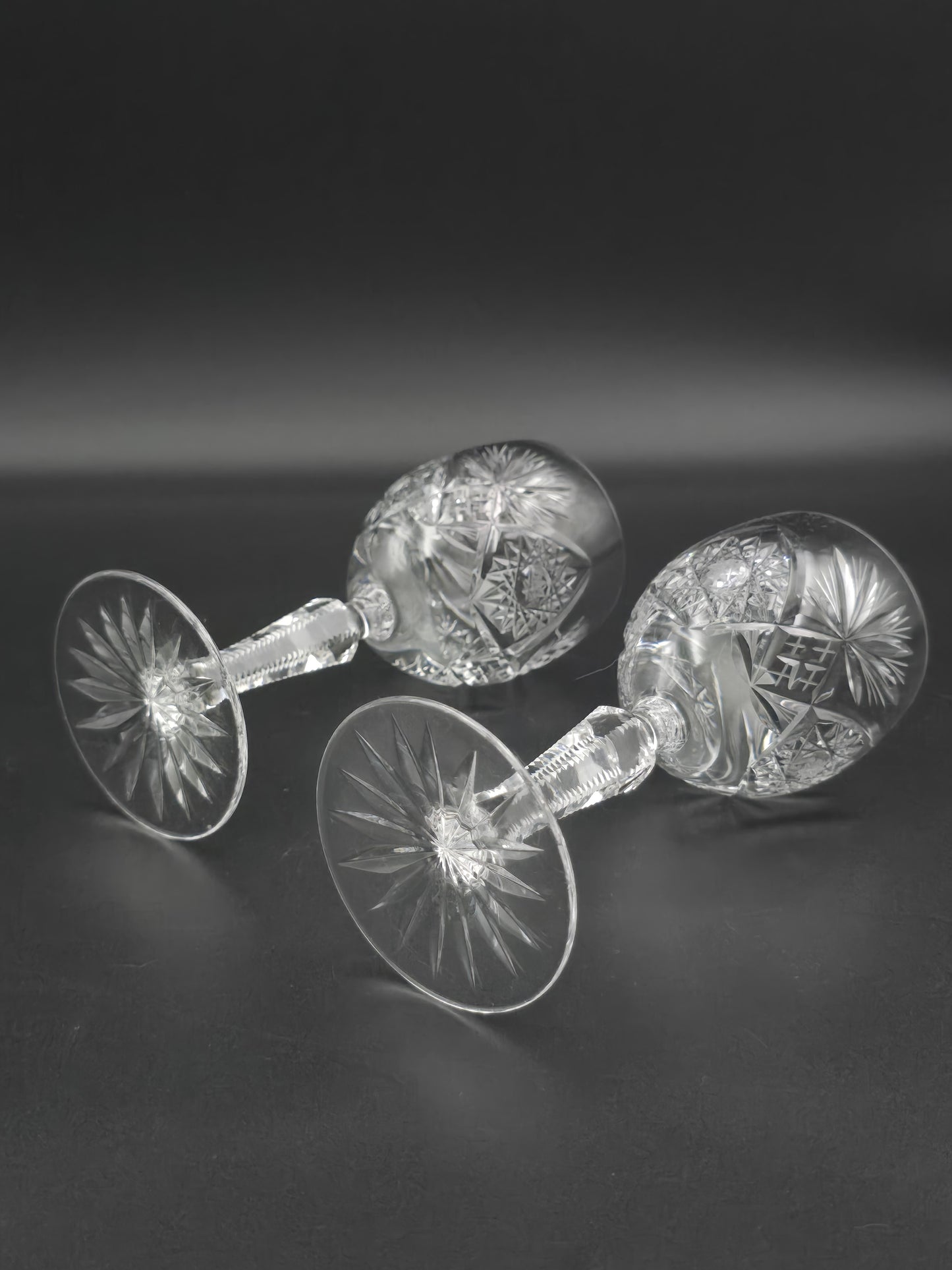 Pair of Vintage Cut Small Crystal Wine or Sherry Glasses – 150ml | Tapered Textured Stem | Star Base | British c.1950s–70s